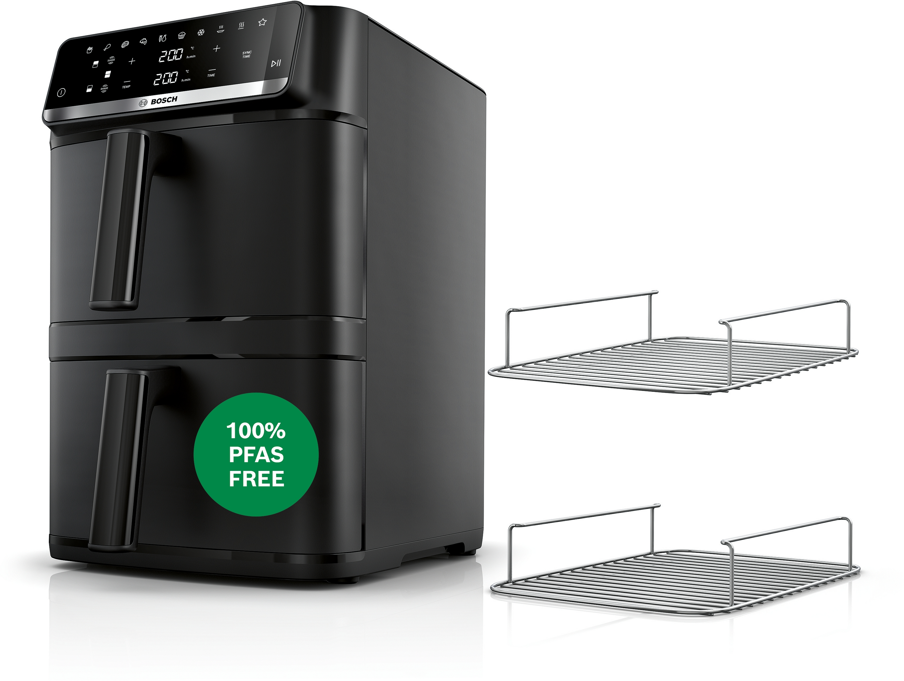 Schwarzer Bosch Heißluftfritteuse mit zwei Körben und Digitalanzeige. Links daneben zwei Grillroste.