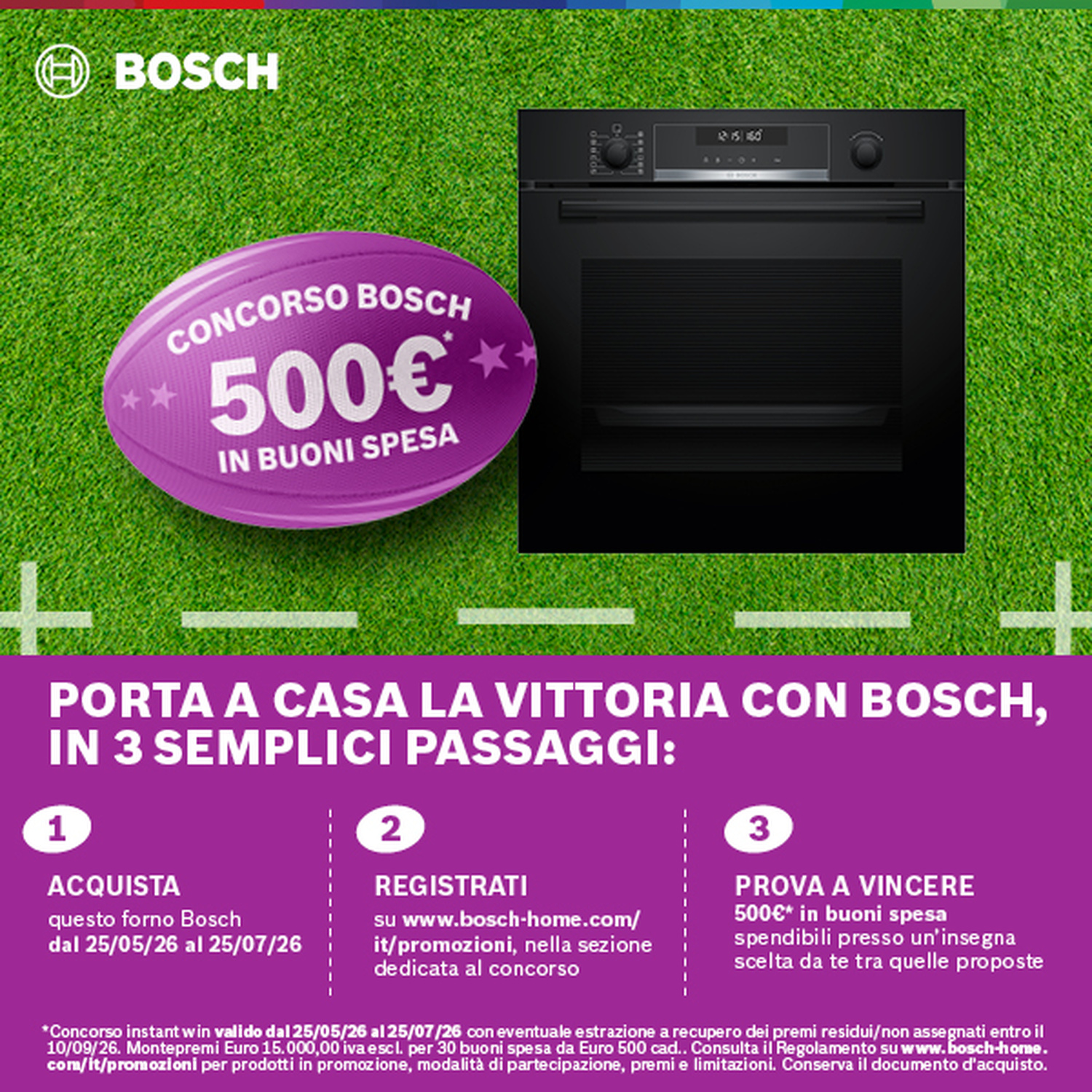 Logo Bosch, pallone da rugby viola con buono da 500€ e forno Bosch nero su prato.