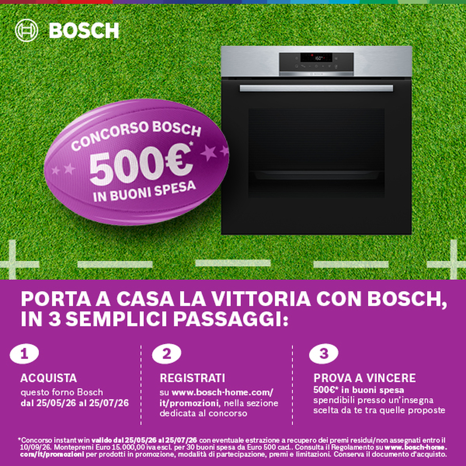 Logo Bosch, forno, pallone da rugby viola con buono da 500€, prato