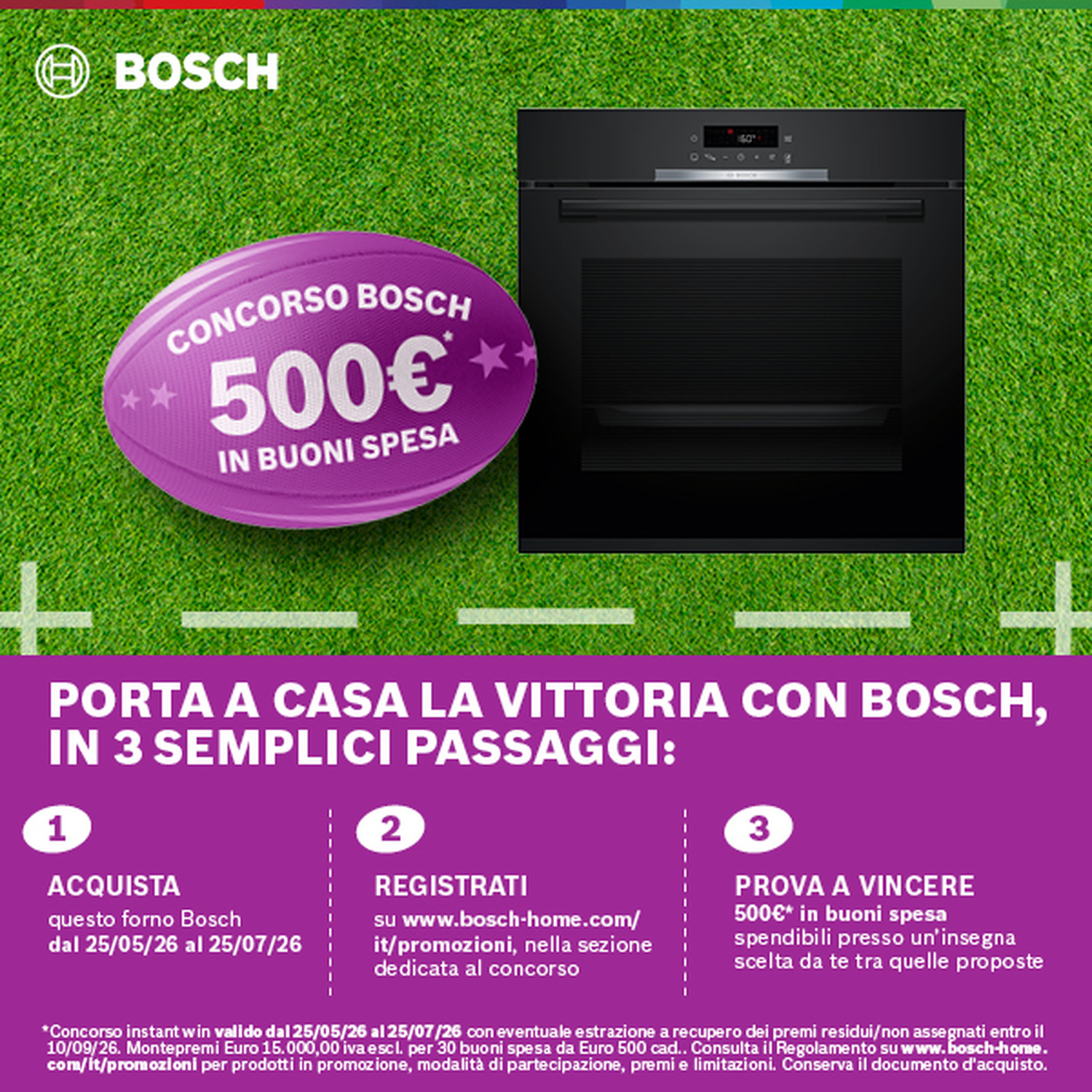 Logo Bosch, pallone da rugby viola con buono da 500€, forno nero su erba sintetica.
