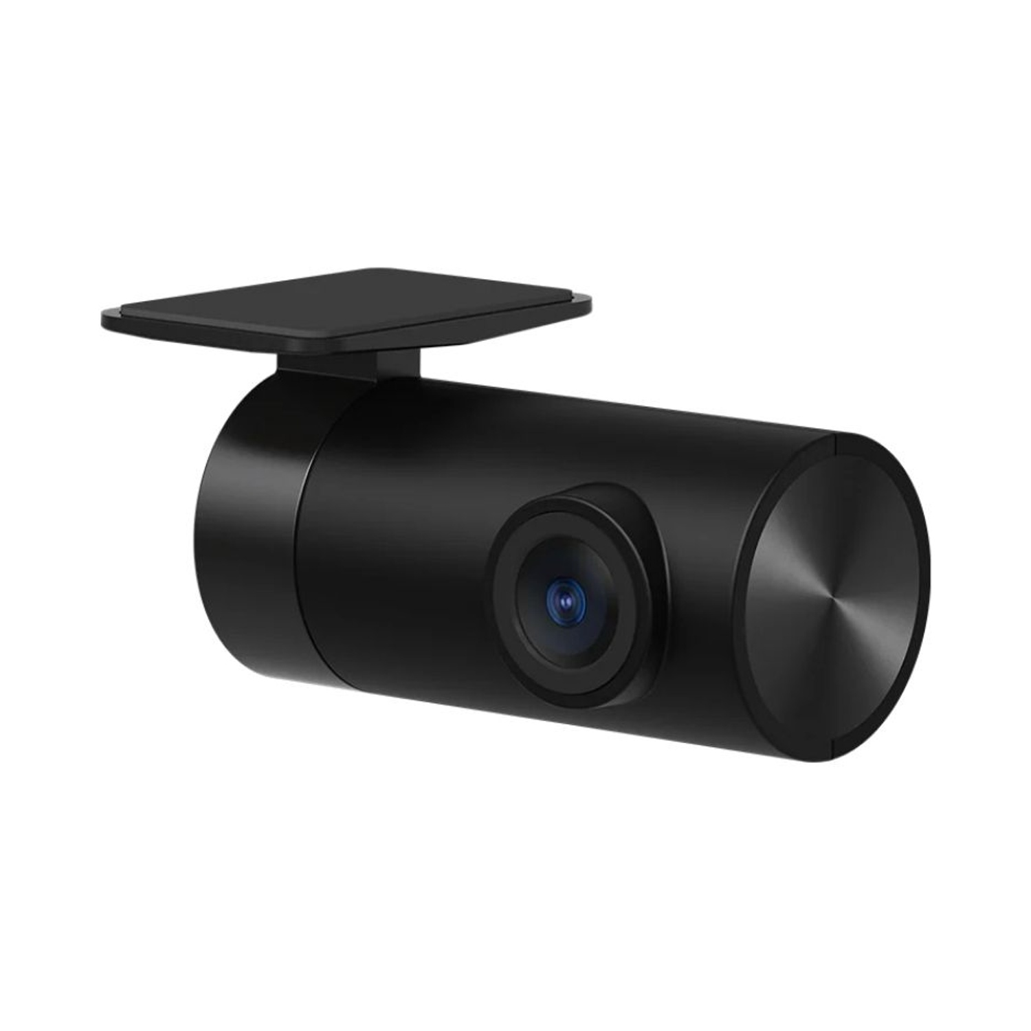 Una dashcam nera cilindrica con obiettivo frontale e supporto piatto superiore.