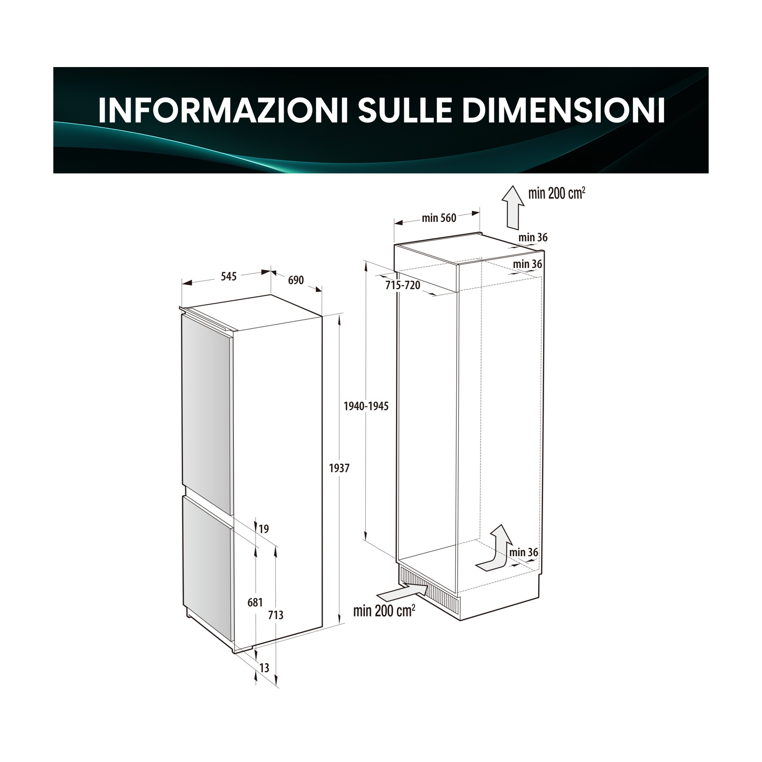 Disegno tecnico di un frigorifero con dimensioni e linee guida per l'installazione.