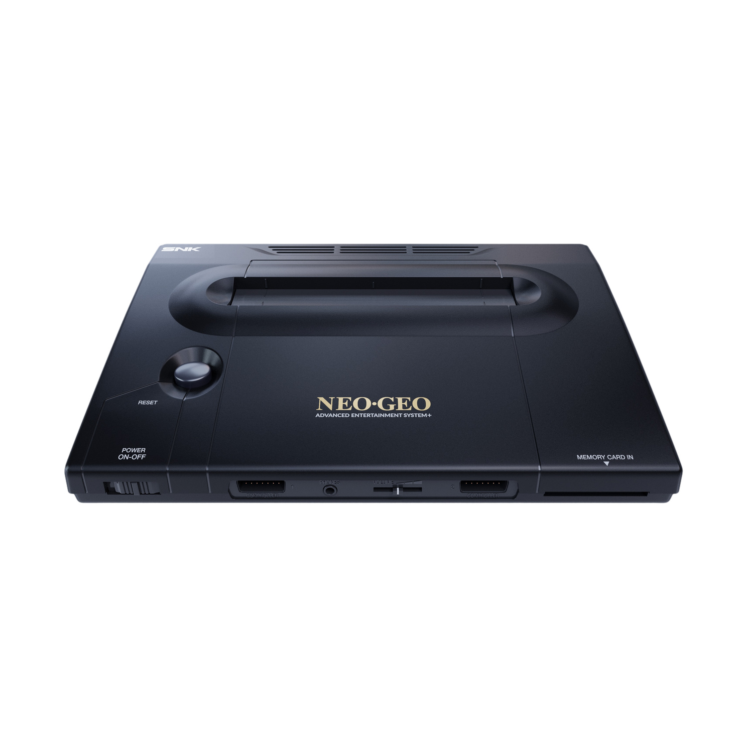 Console SNK Neo Geo nera con porte reset, alimentazione e controller.