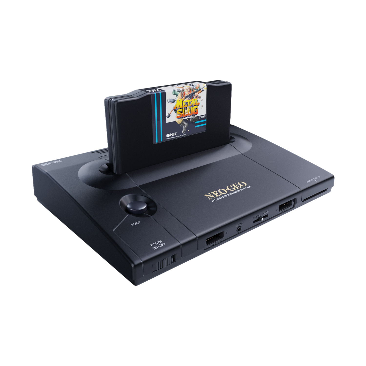Una console Neo Geo AES nera con inserita una cartuccia di gioco Metal Slug.