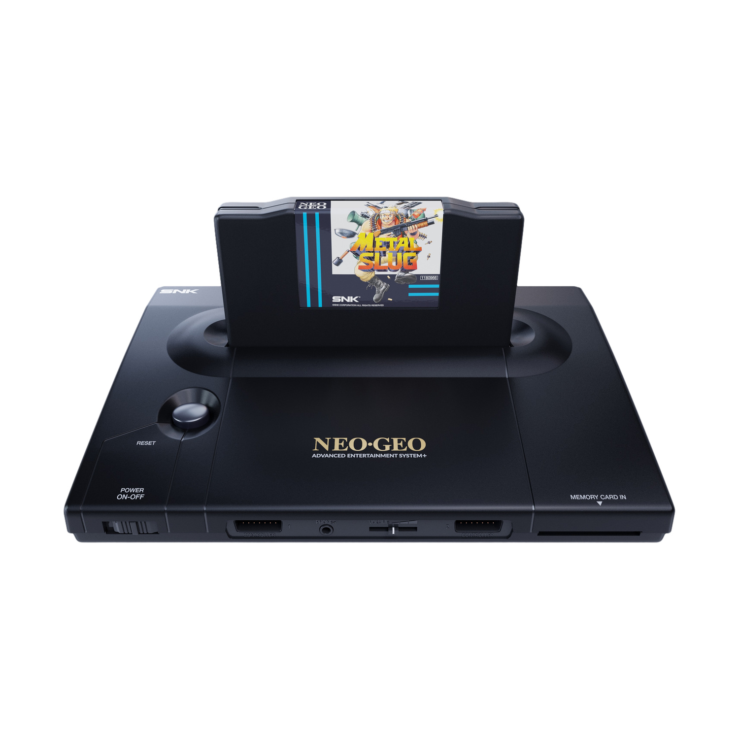 Console Neo Geo nera con cartuccia Metal Slug inserita.
