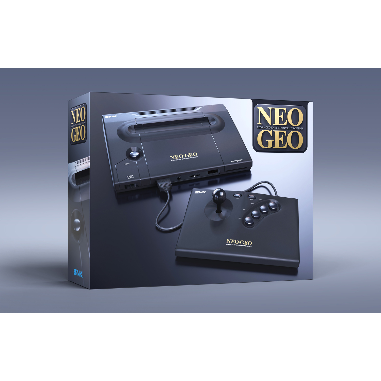 Una console da gioco Neo Geo nera con controller su sfondo scuro.