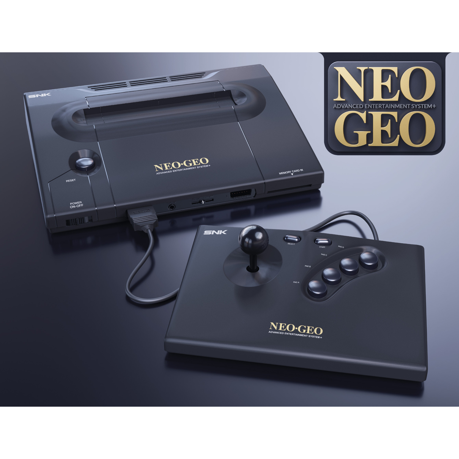Un set nero di console e controller SNK Neo Geo su sfondo scuro.