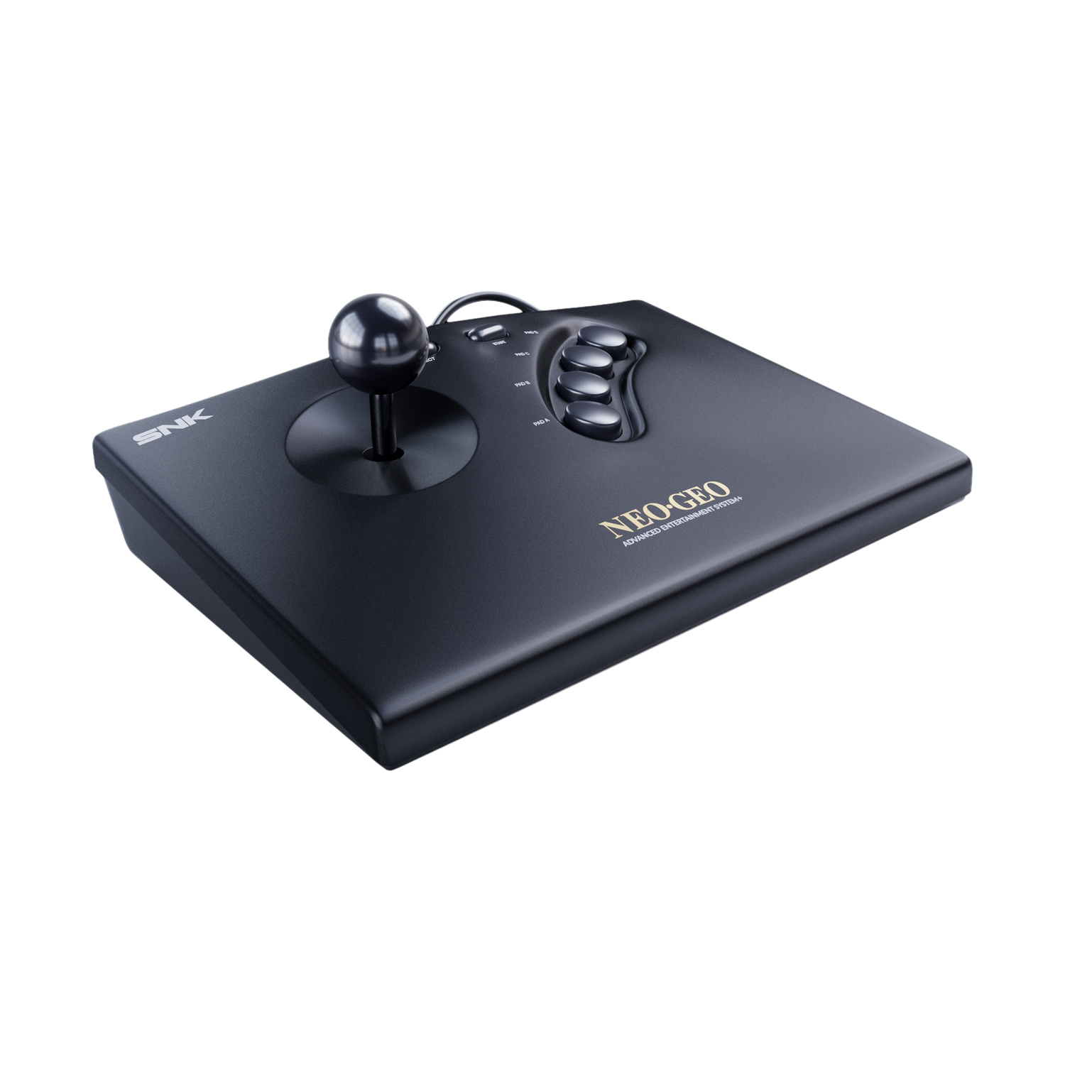 Joystick SNK Neo Geo nero con pomello sferico metallico e quattro pulsanti.