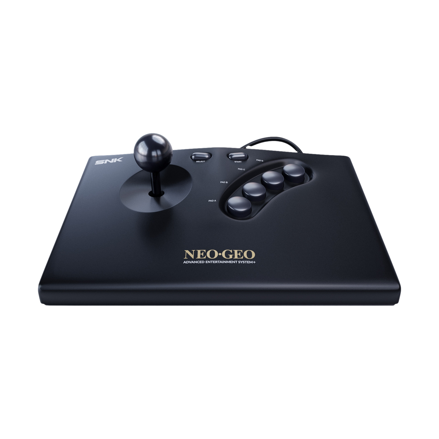 Un joystick arcade SNK Neo-Geo nero con manopola a sfera e quattro pulsanti.