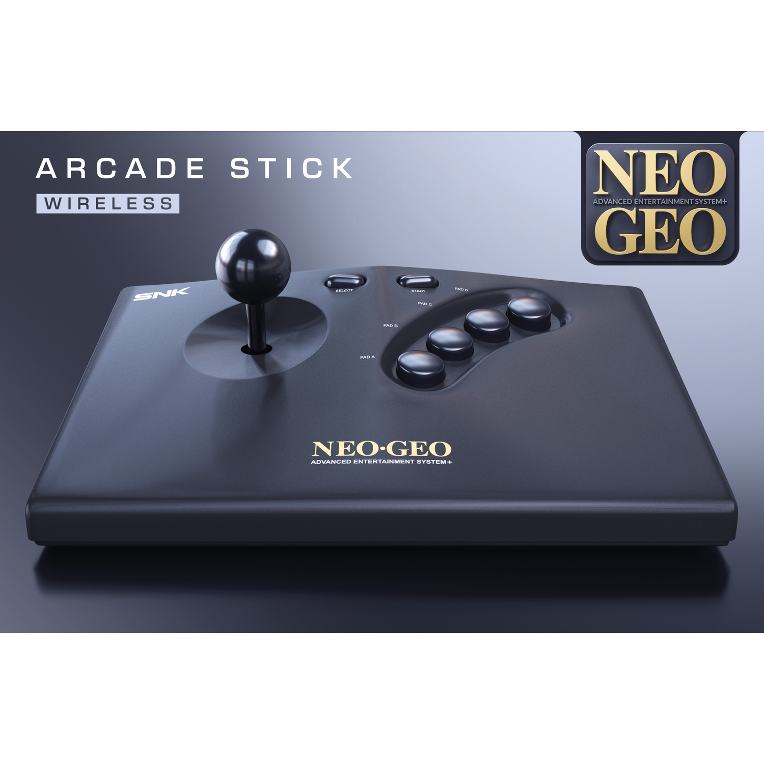 Joystick arcade nero con joystick e pulsanti, logo NEO-GEO.