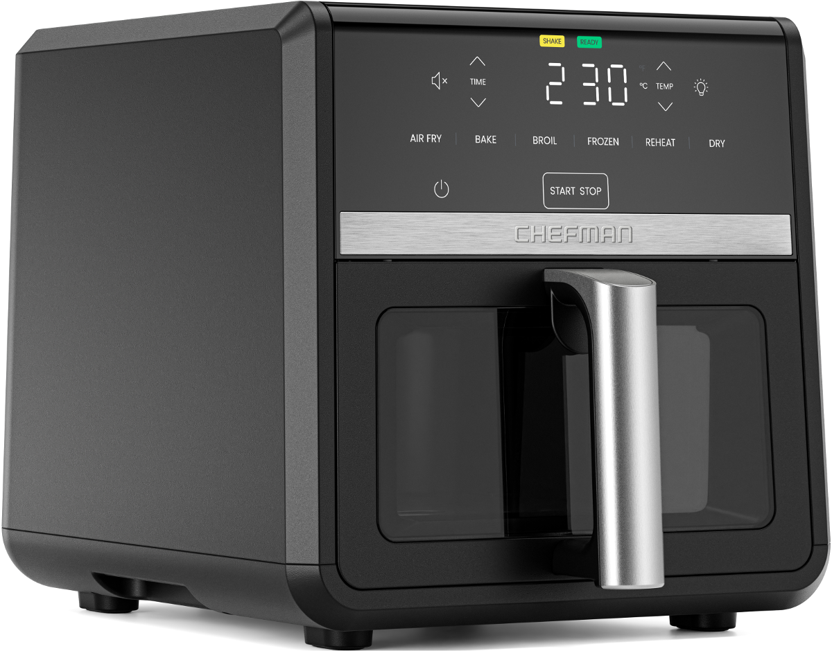 Schwarzer Airfryer mit digitalem Display und silbernem Griff. Zeigt 230°C an.