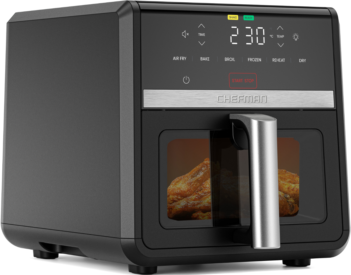 Schwarzer Chefman Heißluftfritteuse mit digitalem Display und gebratenem Essen im Fenster.