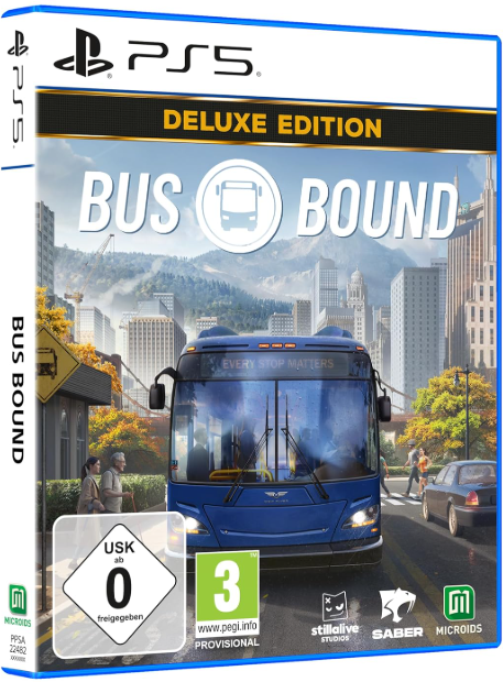 Ein blauer Reisebus steht auf einer Stadtstraße. 