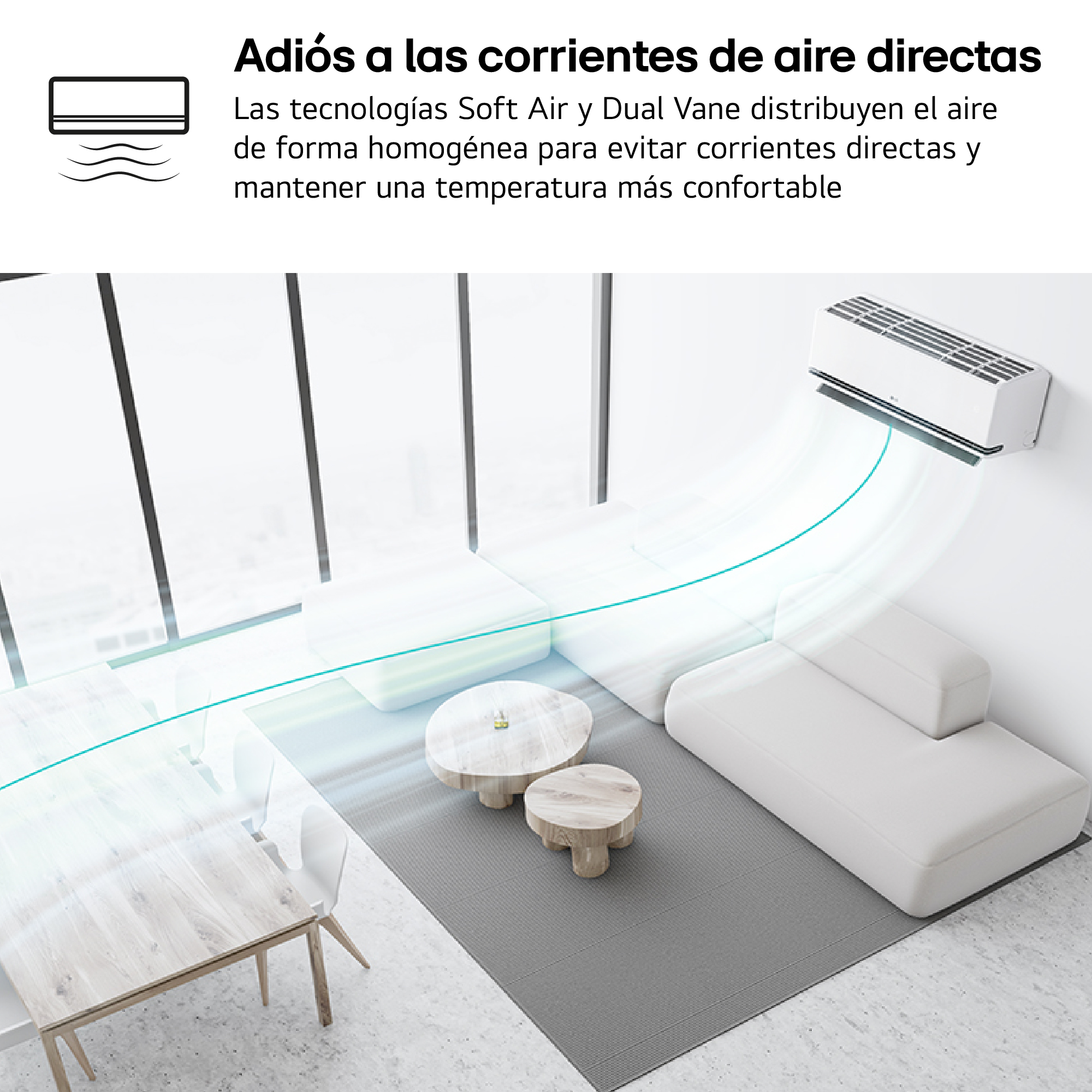 Un aire acondicionado distribuye el flujo de aire sobre un sofá y mesa.
