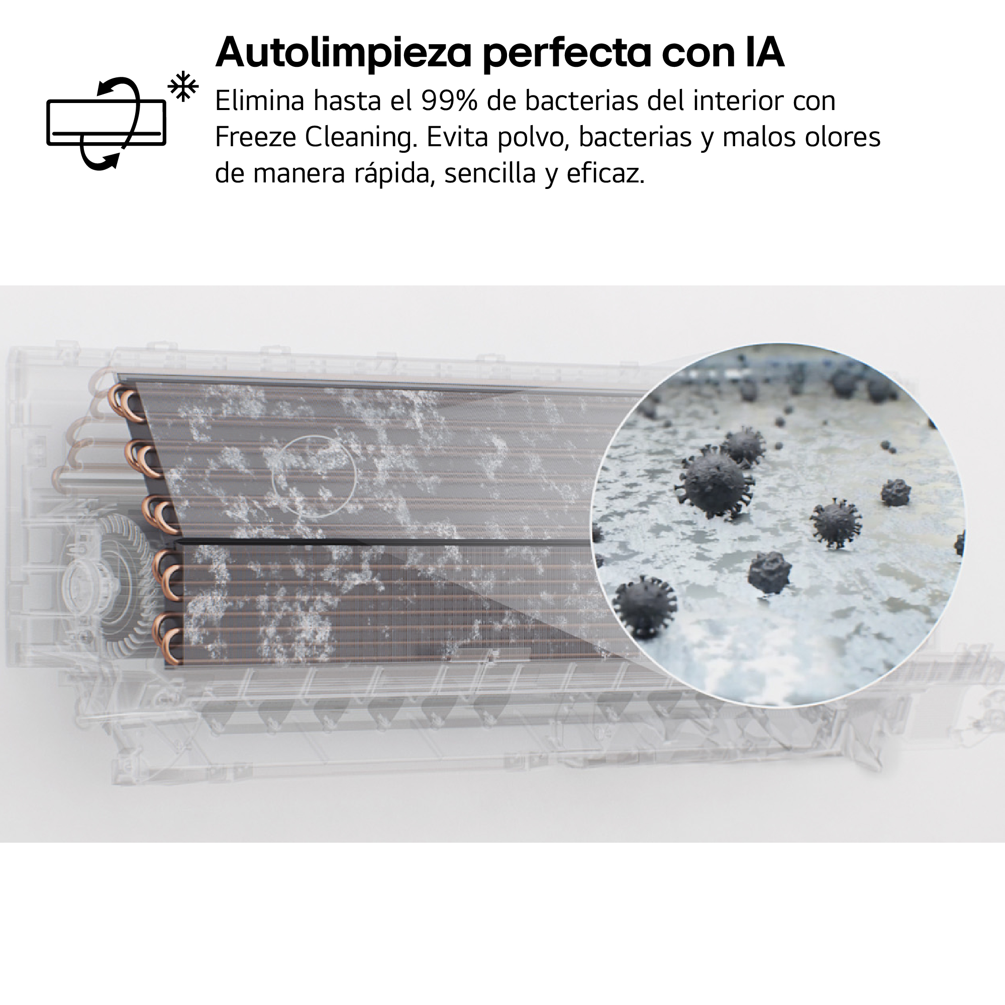 Bobinas de aire acondicionado con bacterias y símbolo de autolimpieza.