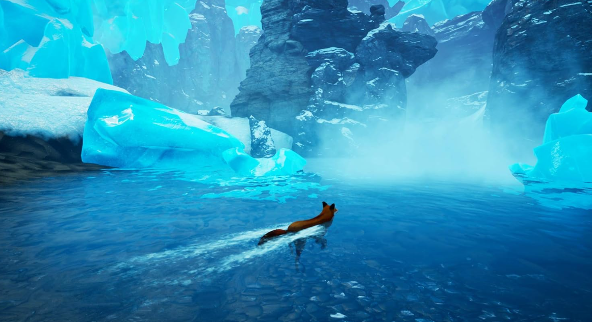 Ein Fuchs schwimmt durch blaues Wasser, hinterlässt eine Spur, inmitten Eisformationen und Nebel.