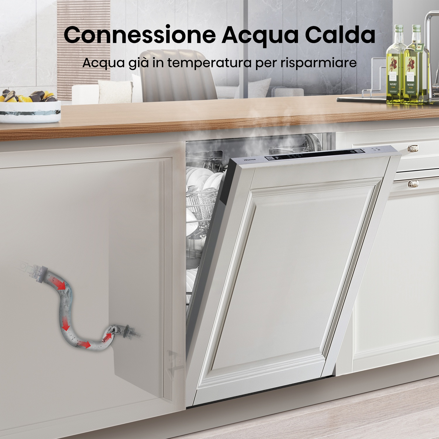 Lavastoviglie con sportello aperto, accanto a un tubo che mostra il flusso d'acqua con frecce.