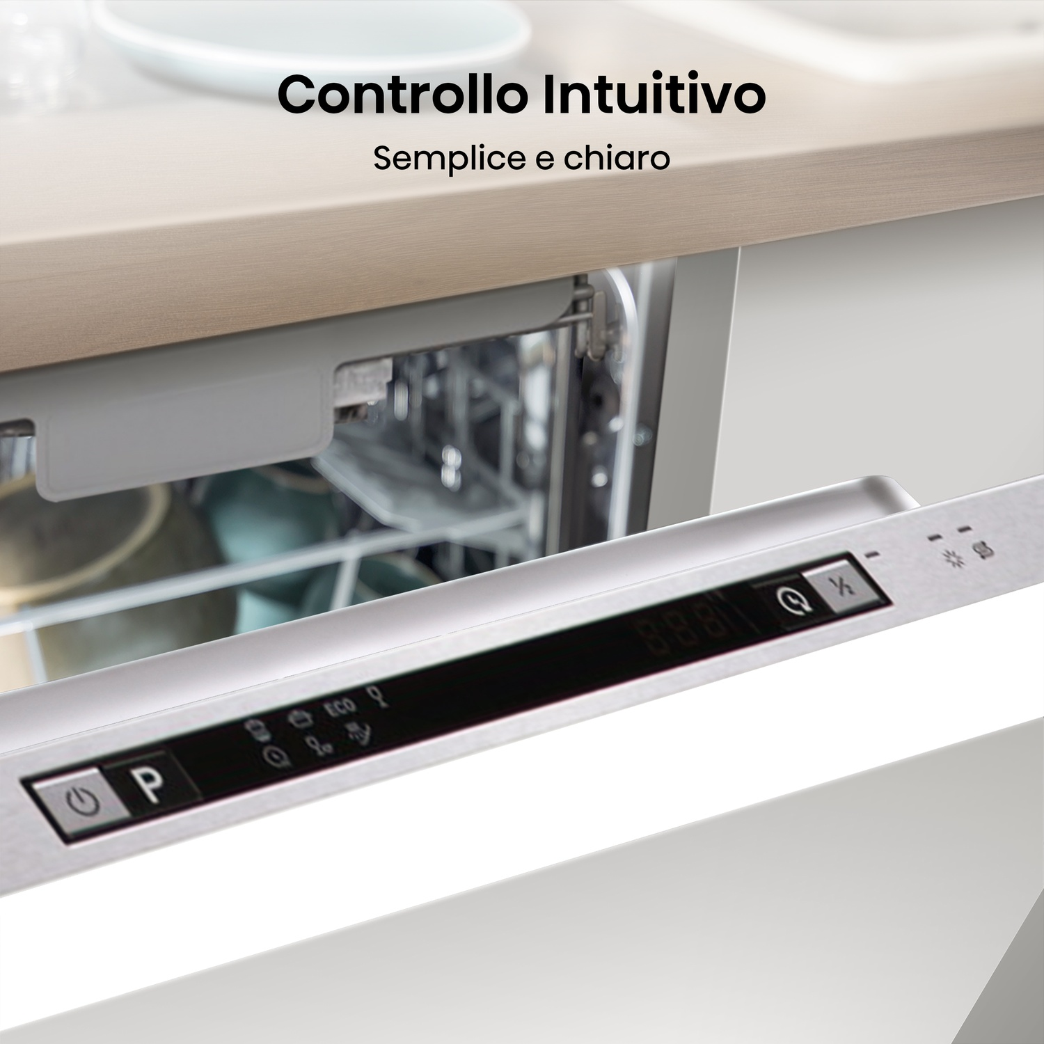 Pannello di controllo lavastoviglie con display digitali e icone.