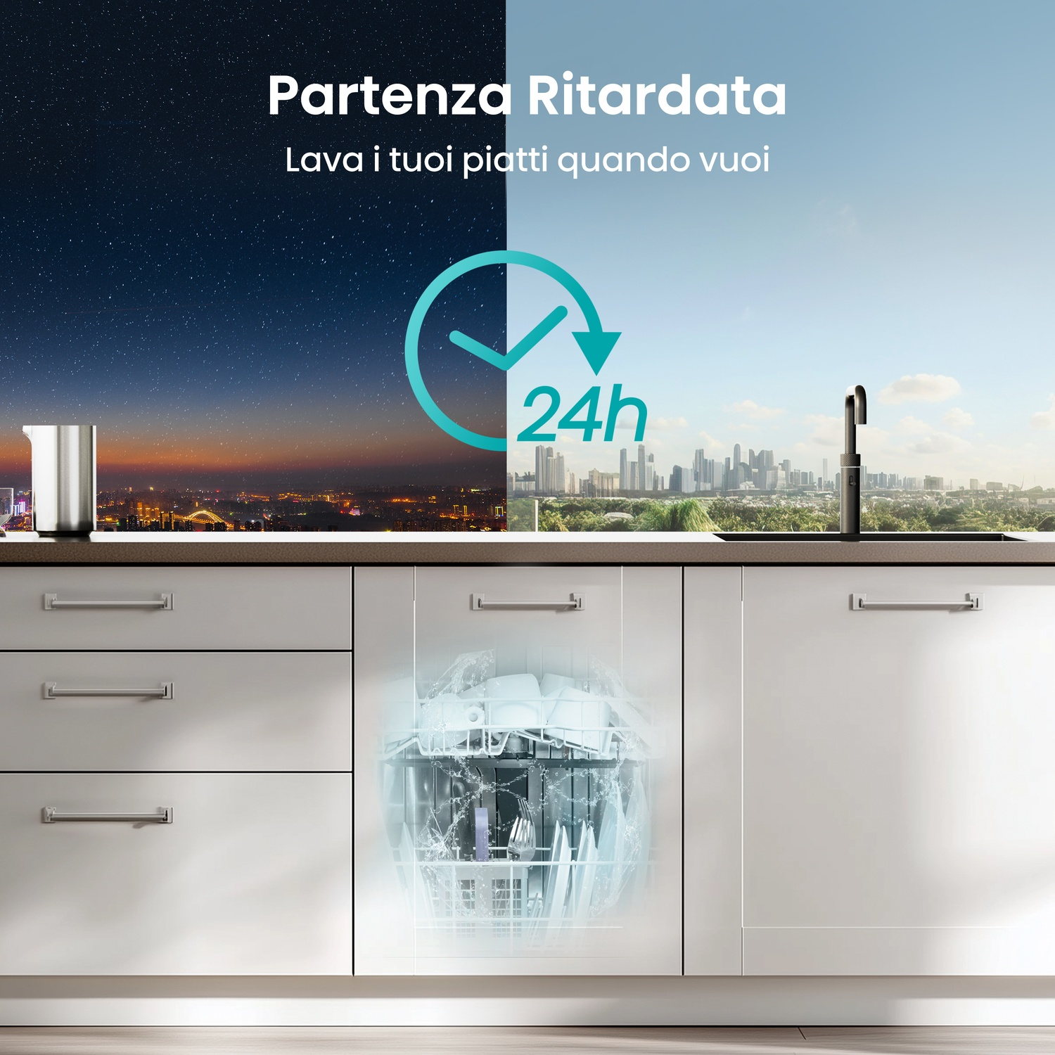 Una cucina con lavastoviglie in funzione notte e giorno, 24h.