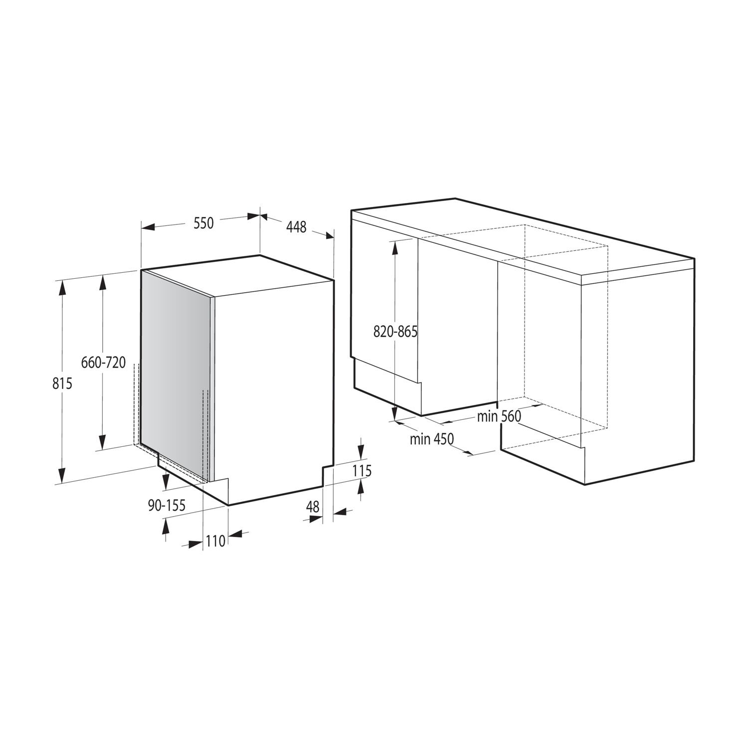 Disegno tecnico di un elettrodomestico da incasso con dimensioni in mm.