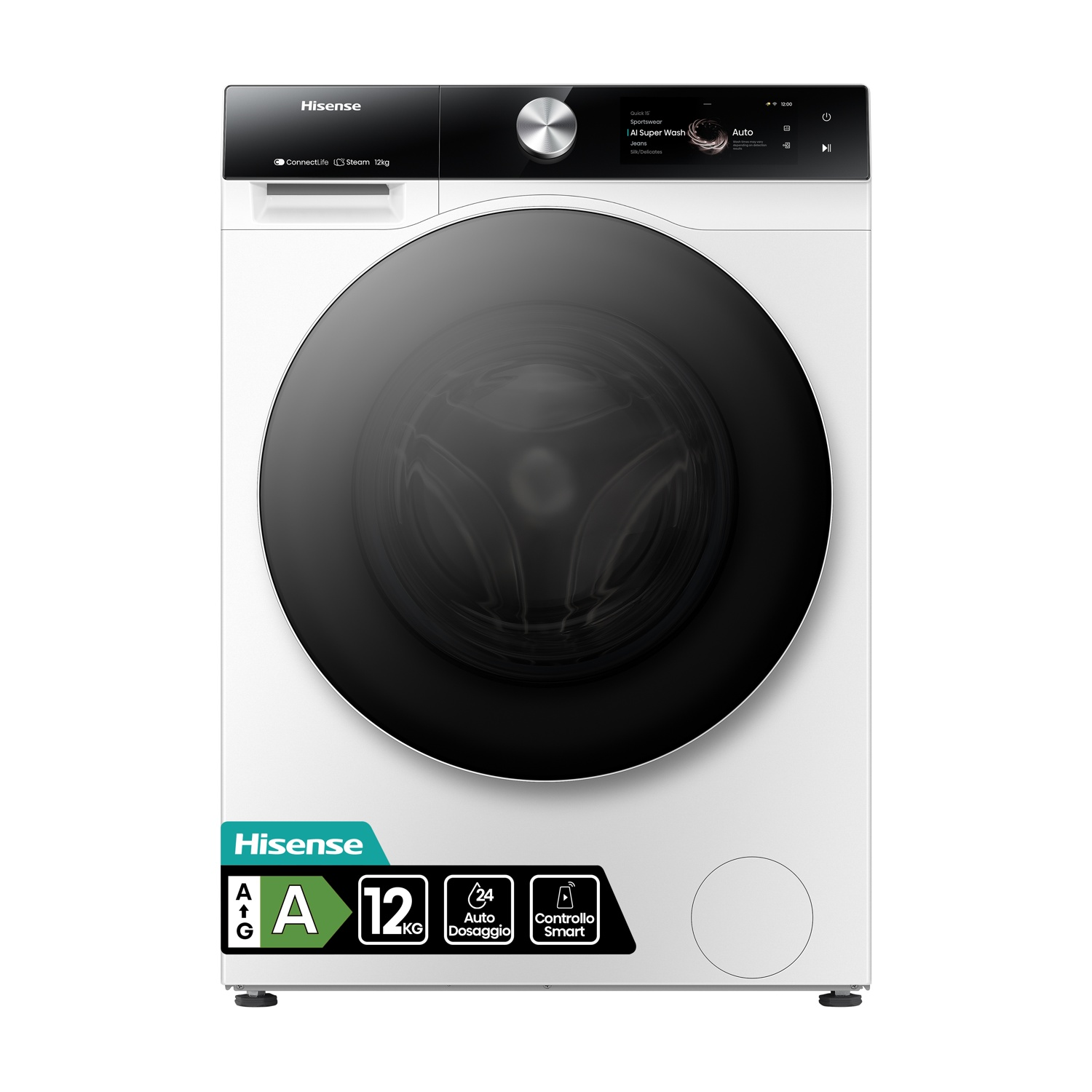 Lavatrice Hisense bianca con oblò e display neri. Classe energetica A.