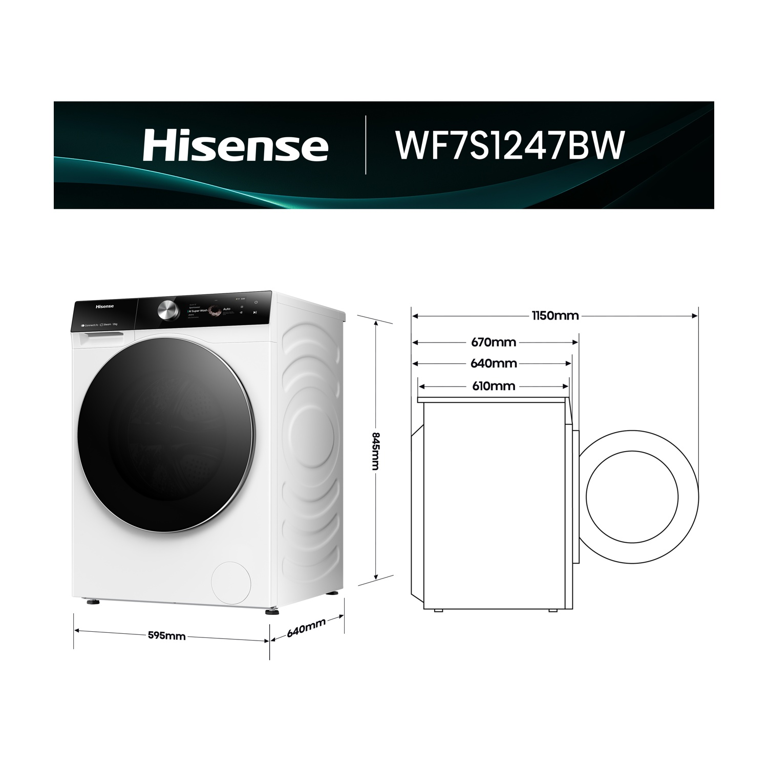 Lavatrice Hisense bianca a carica frontale con disegni dimensionali.