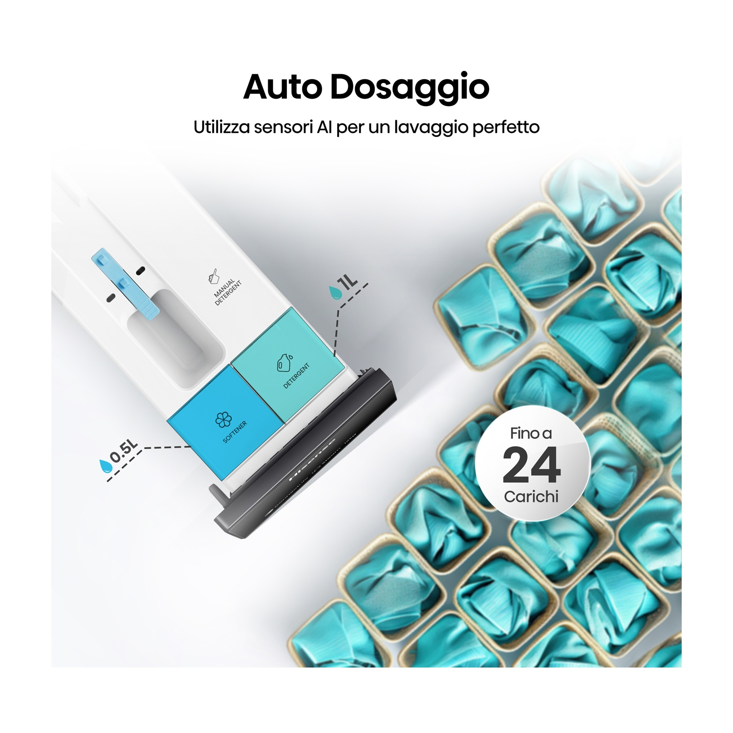 Auto Dosaggio: Dispenser detersivo e ammorbidente con capacità 1L per un massimo di 24 carichi.