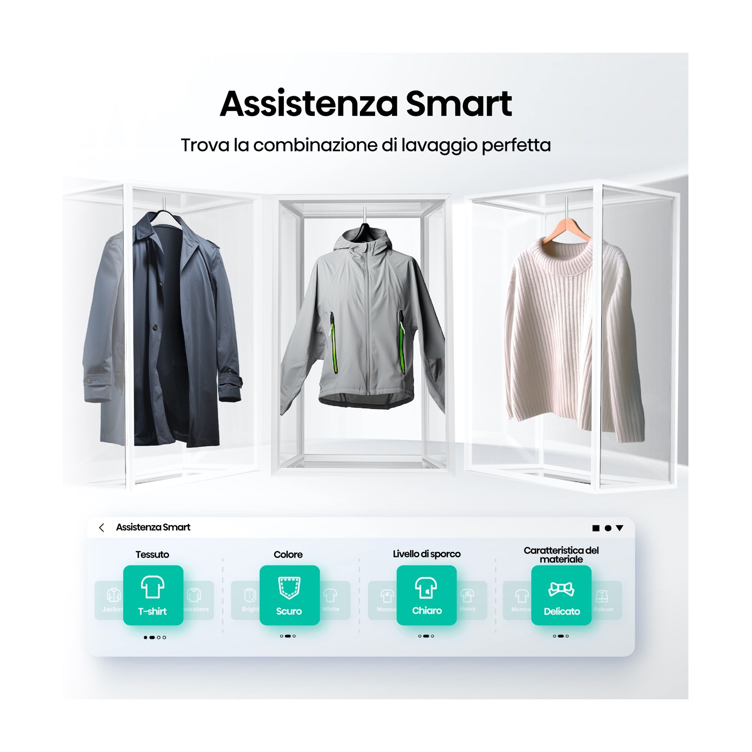 Assistenza lavaggio intelligente: Mostra abiti come cappotto, giacca e maglione.
