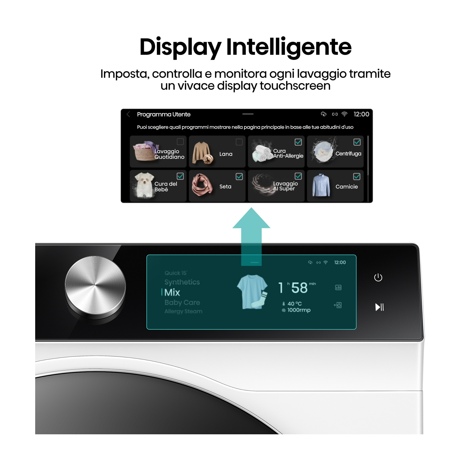 Il display touchscreen di una lavatrice mostra programmi e impostazioni di lavaggio.