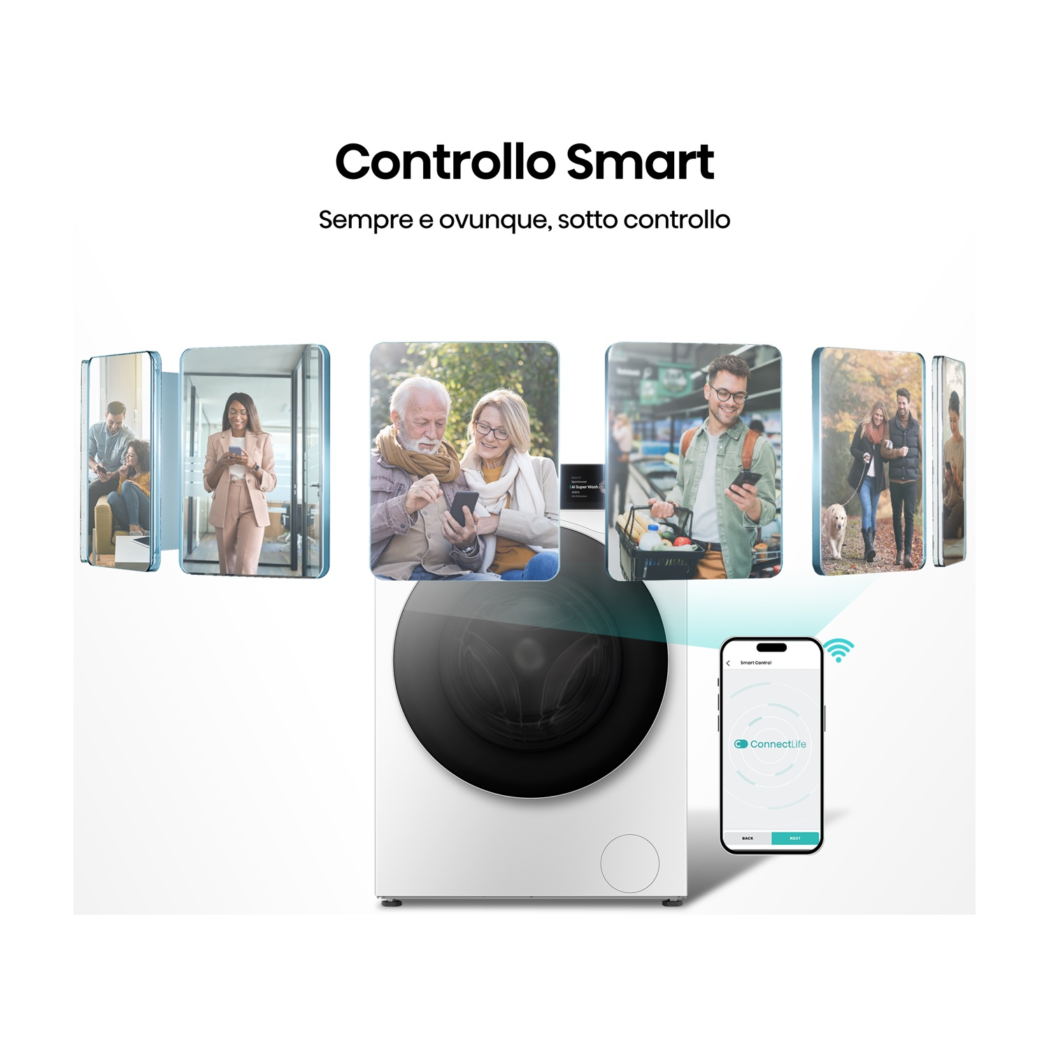 Lavatrice con controllo app smartphone. Varie scene con persone.