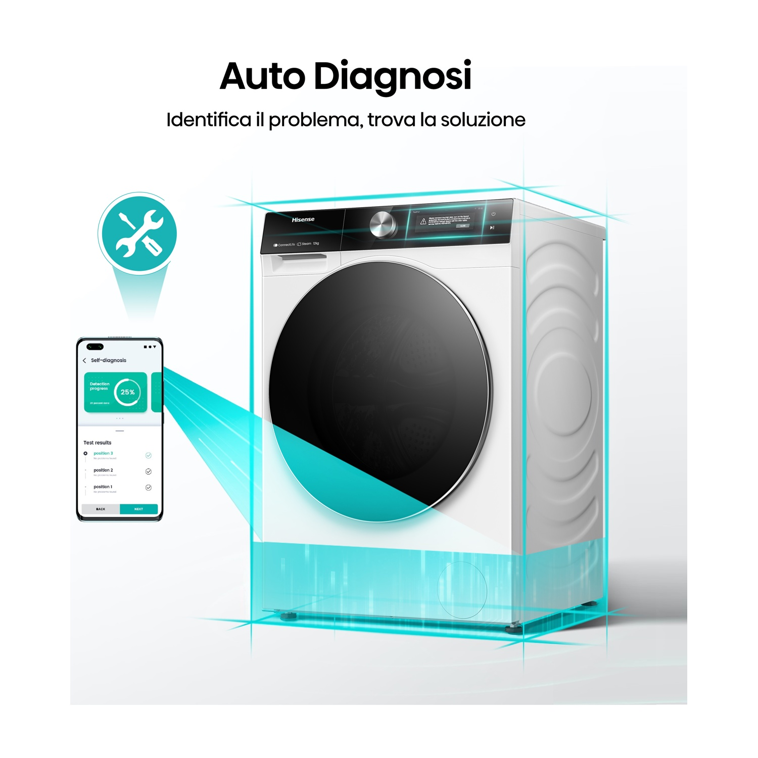 Una lavatrice con display "Auto Diagnosi" e app per smartphone.