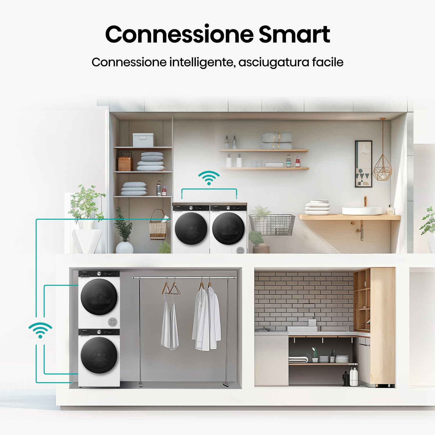 Illustrazione connessione smart: Lavatrici/asciugatrici impilate e abiti appesi.