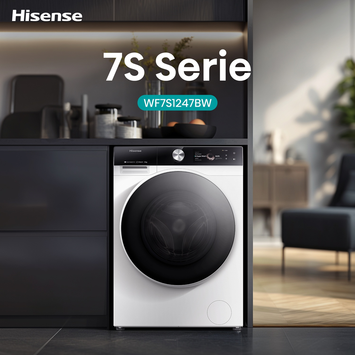 Lavatrice Hisense 7S Serie WF7S1247BW in una cucina moderna.