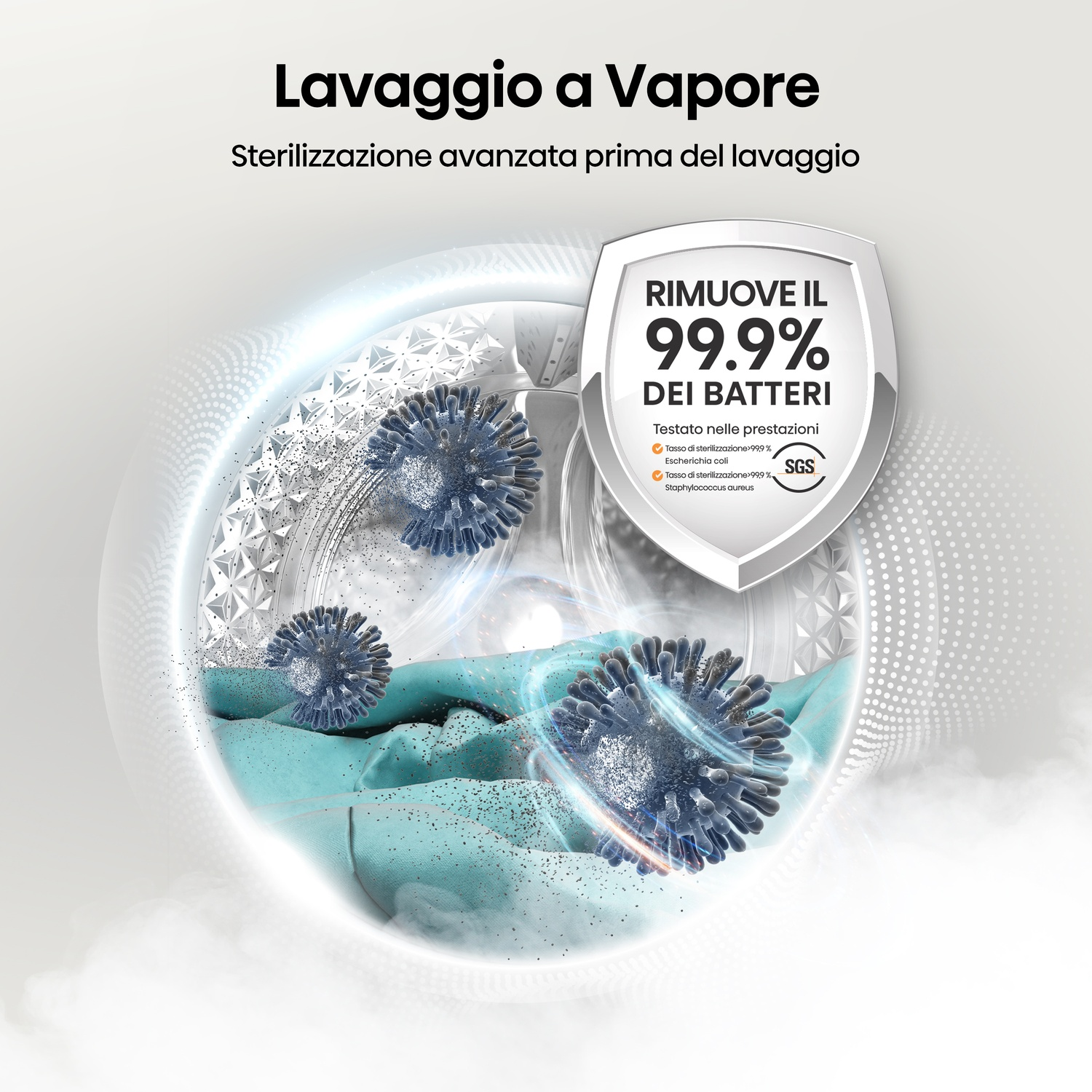 Lavaggio a vapore rimuove il 99,9% dei batteri dai vestiti, certificato SGS.