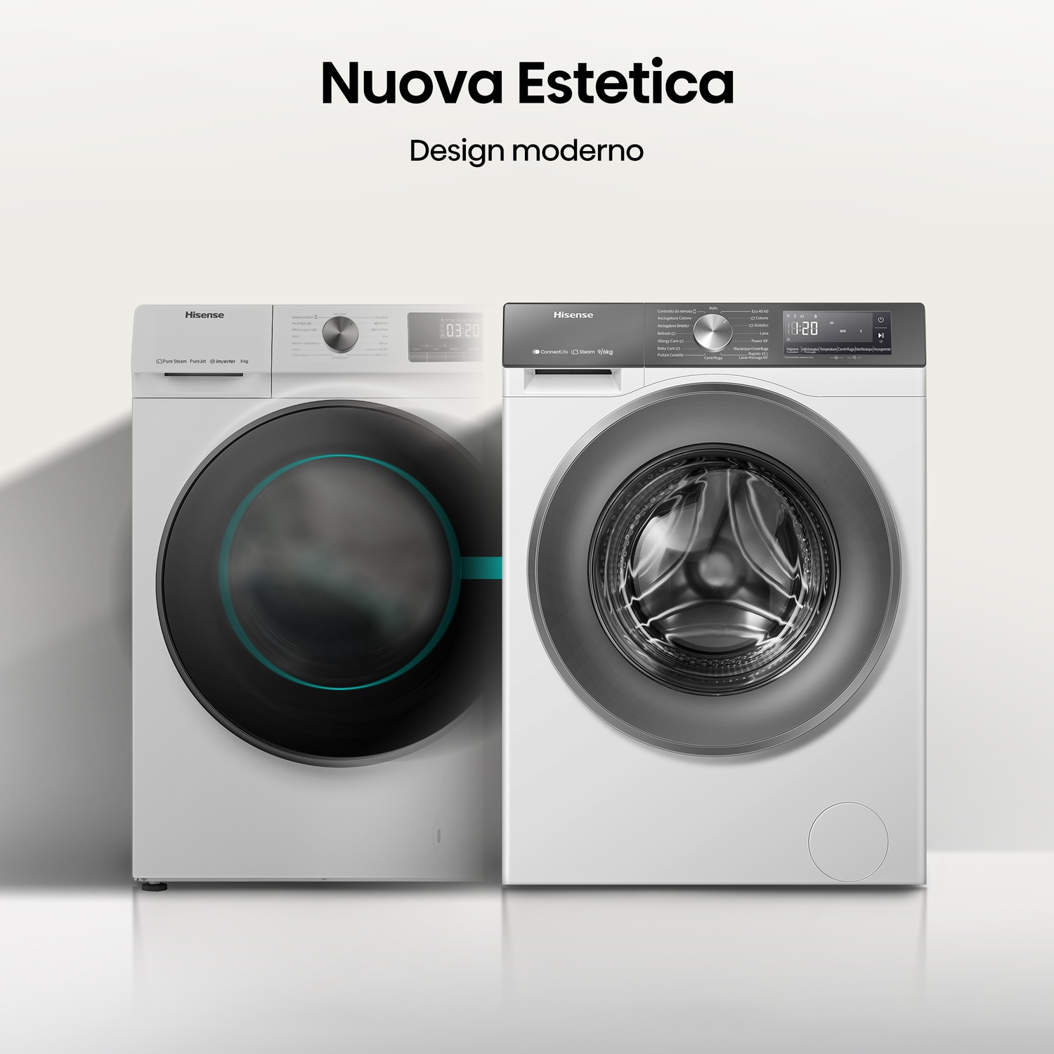 Due lavatrici Hisense bianche una accanto all'altra. Sinistra con oblò nero, destra pannello grigio.