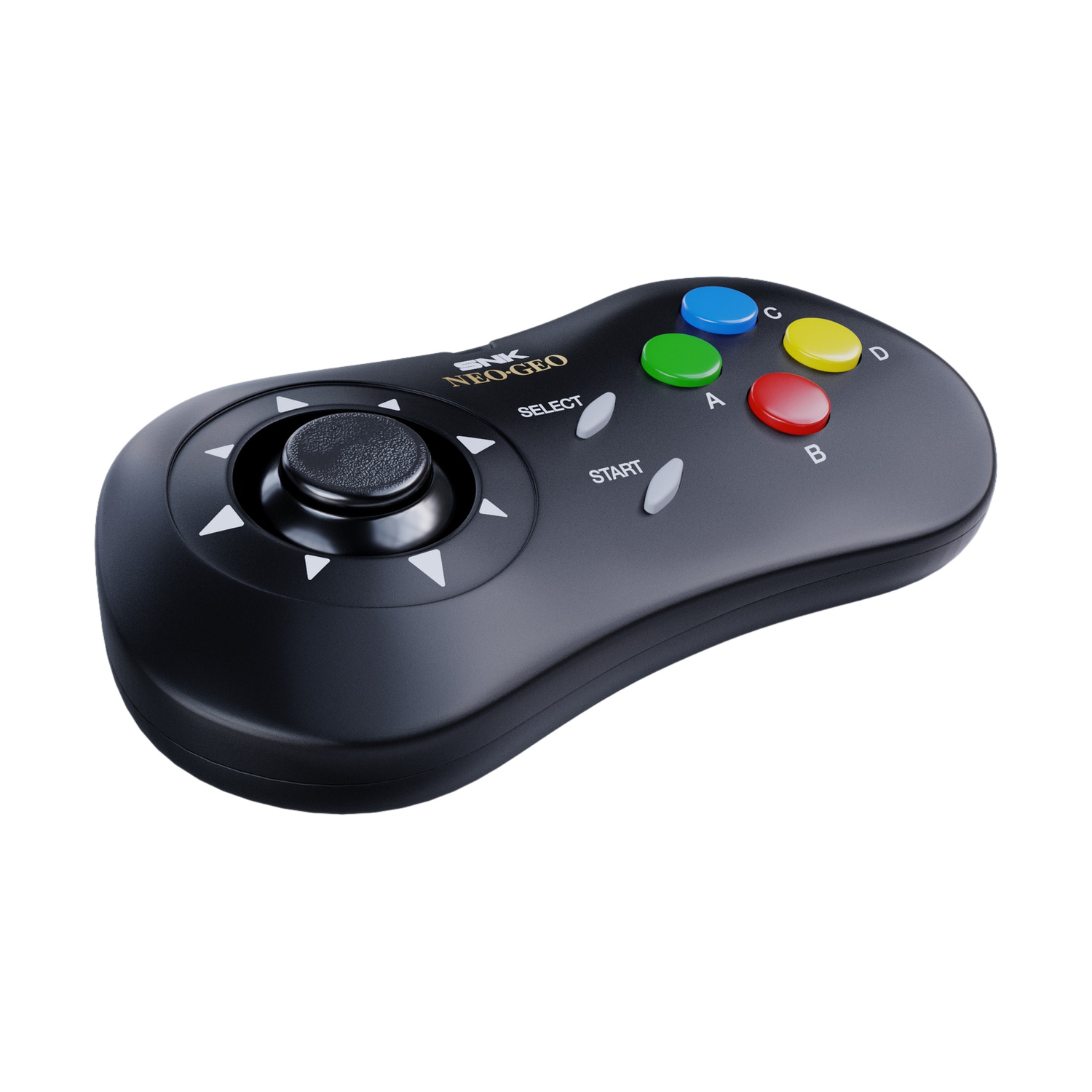 Un controller SNK Neo Geo nero con joystick e pulsanti colorati.