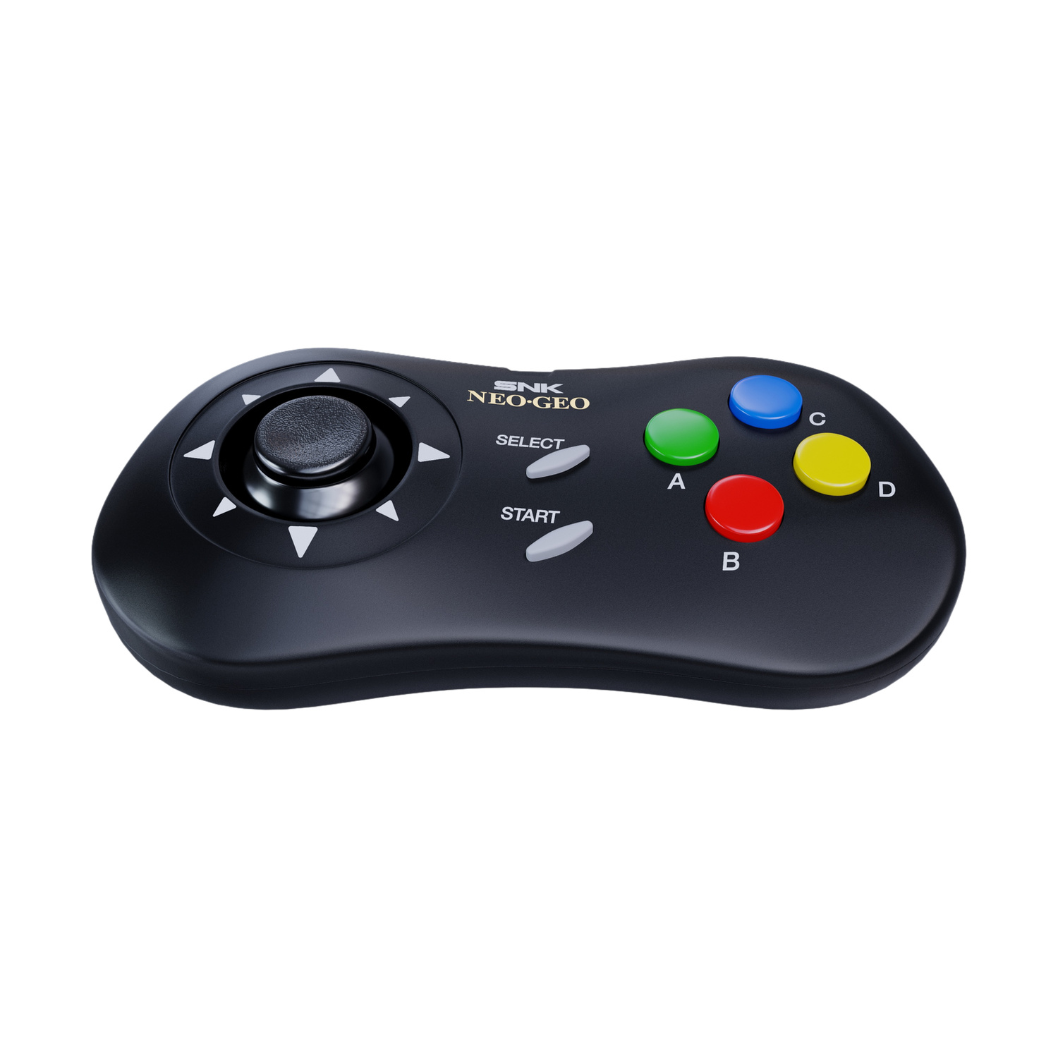 Controller SNK Neo-Geo nero con joystick, select, start e quattro pulsanti azione colorati.