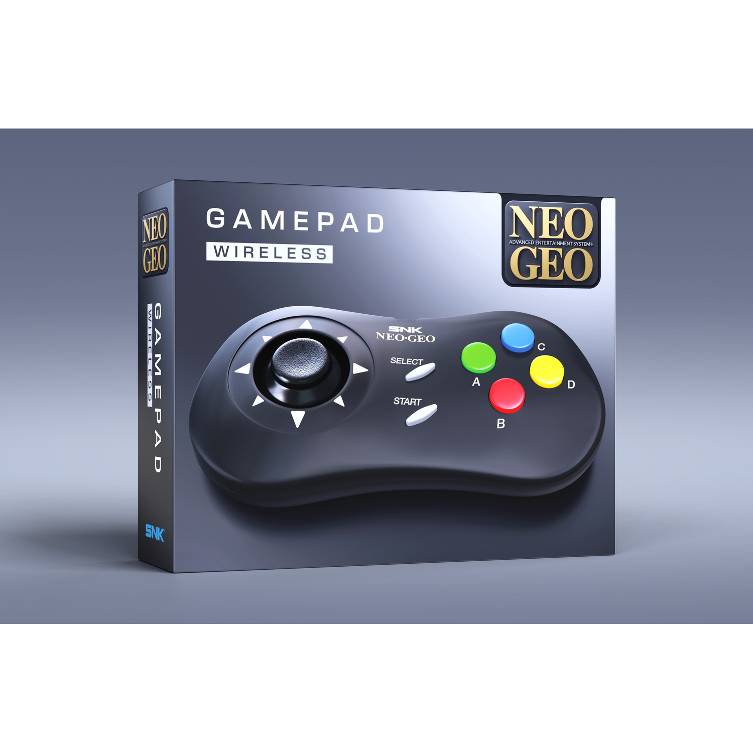 Confezione di un gamepad NEO GEO nero con scritte bianche e pulsanti colorati.