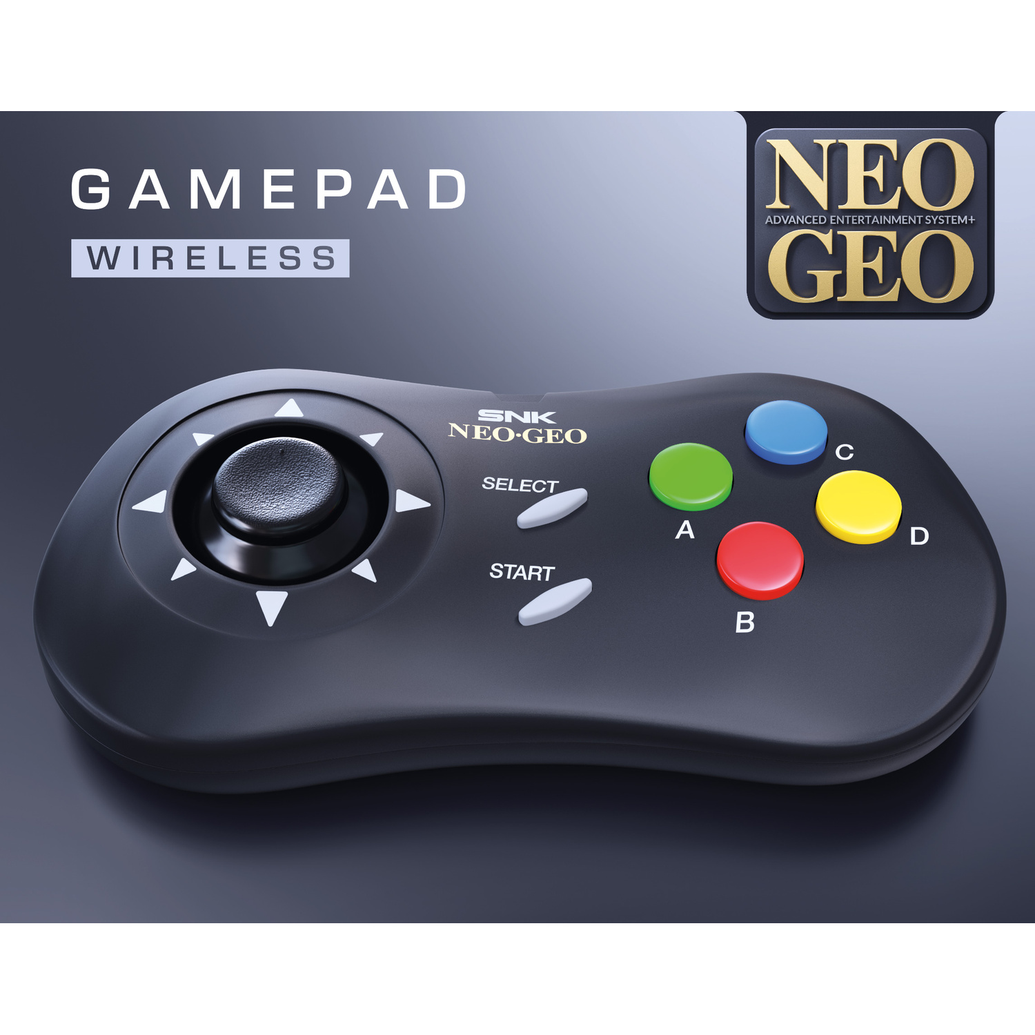 Gamepad Neo Geo nero con joystick, 4 pulsanti colorati, Select e Start.