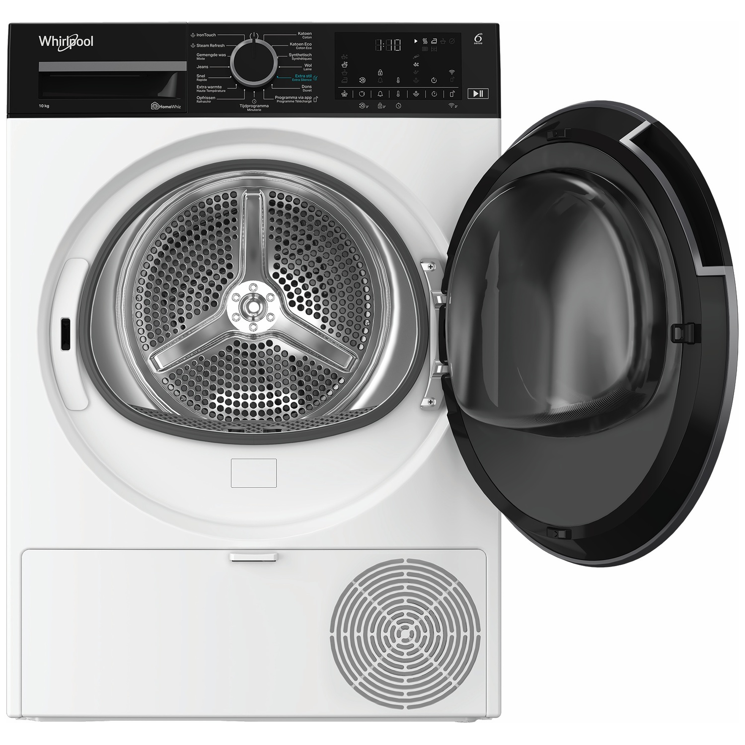 White Whirlpool dryer with open door, drum visible, control panel at top.