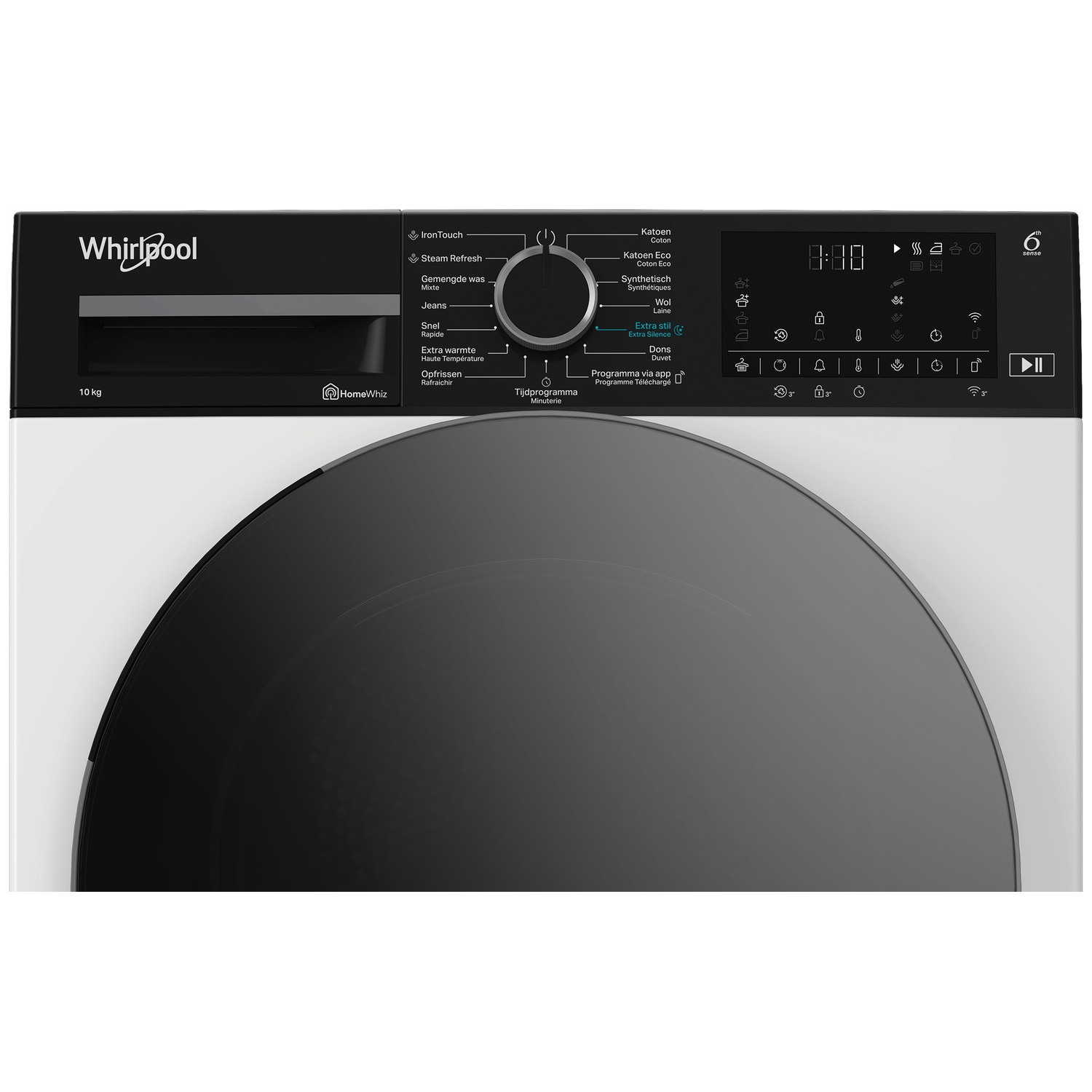A Whirlpool washing machine with a digital display, control dial, and various programs.