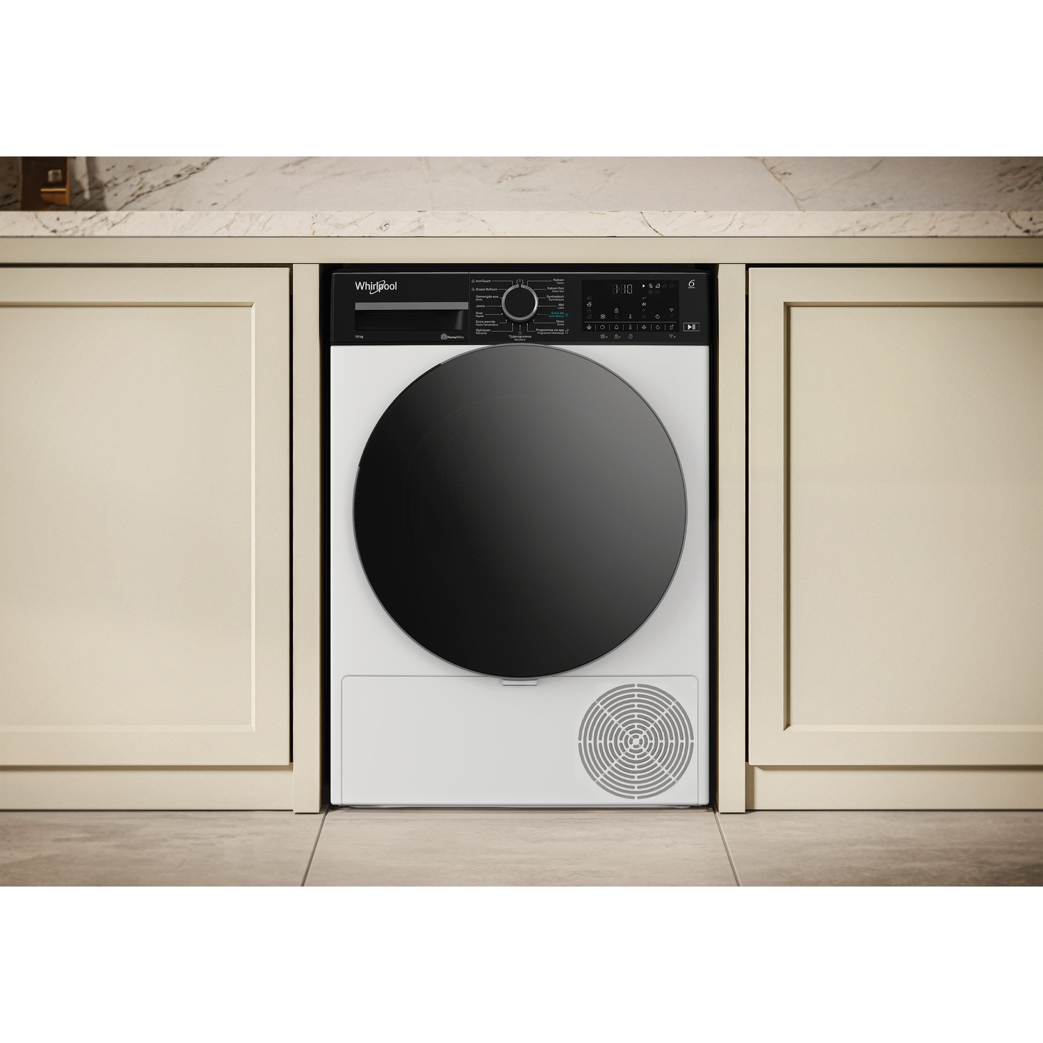A white Whirlpool clothes dryer with a black door and control panel.