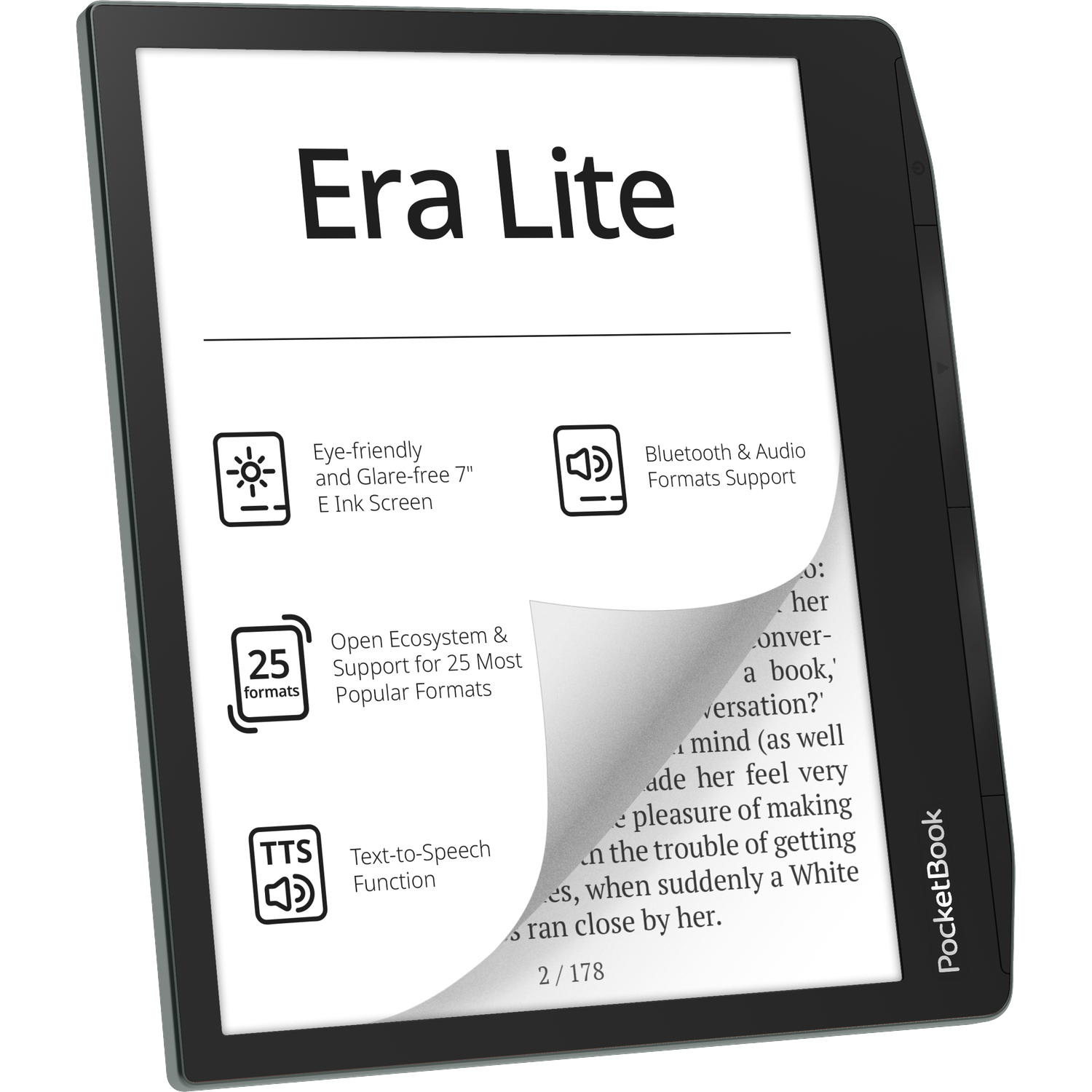 Zwarte PocketBook Era Lite e-reader met 7" E Ink-scherm, met TTS.