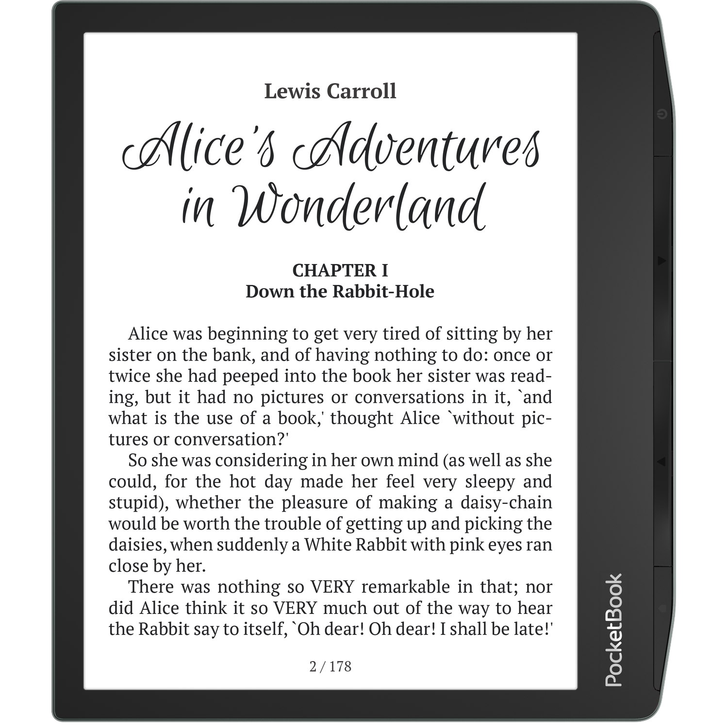 Een e-reader toont Lewis Carrolls boek 'Alice in Wonderland', Hoofdstuk 1.