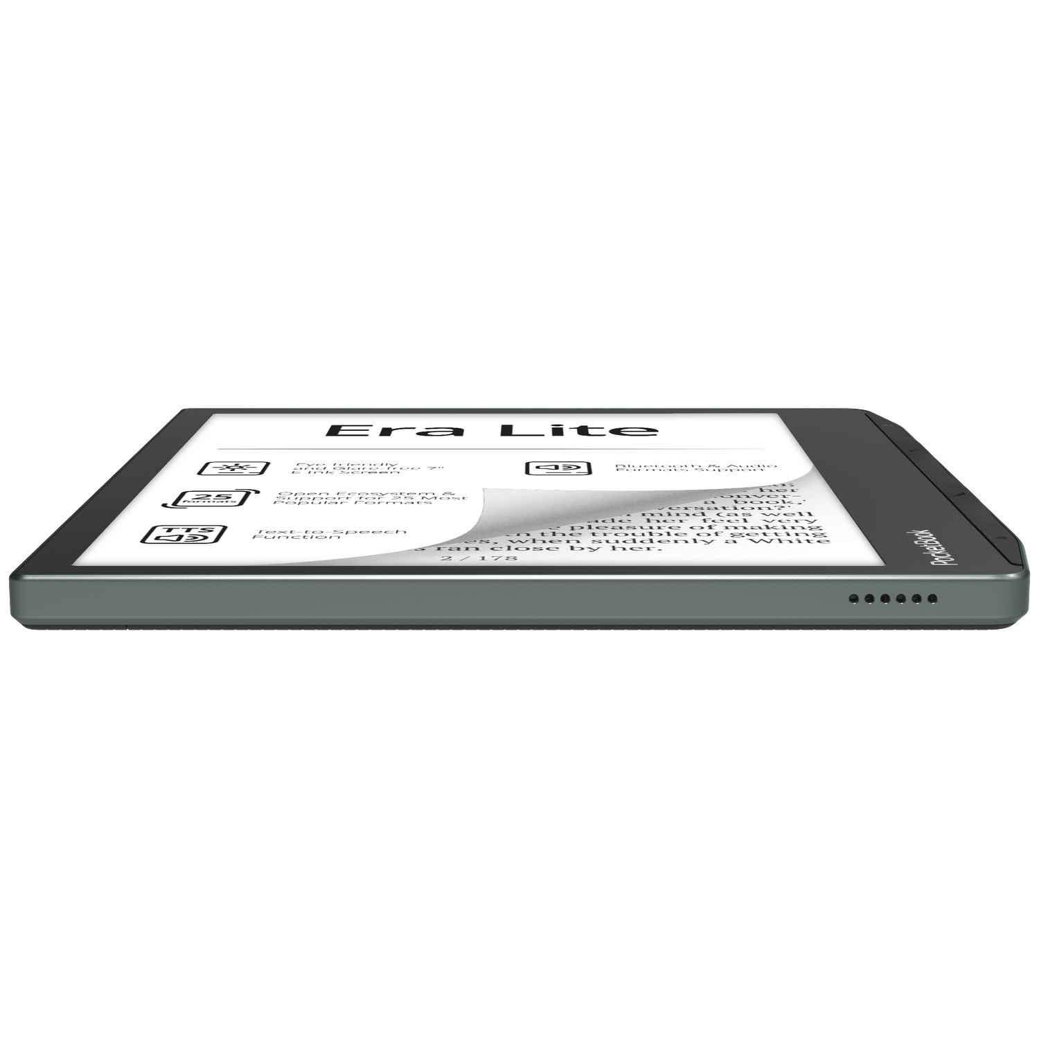 Een grijze PocketBook Era Lite e-reader met een 7-inch scherm dat tekst en iconen weergeeft.