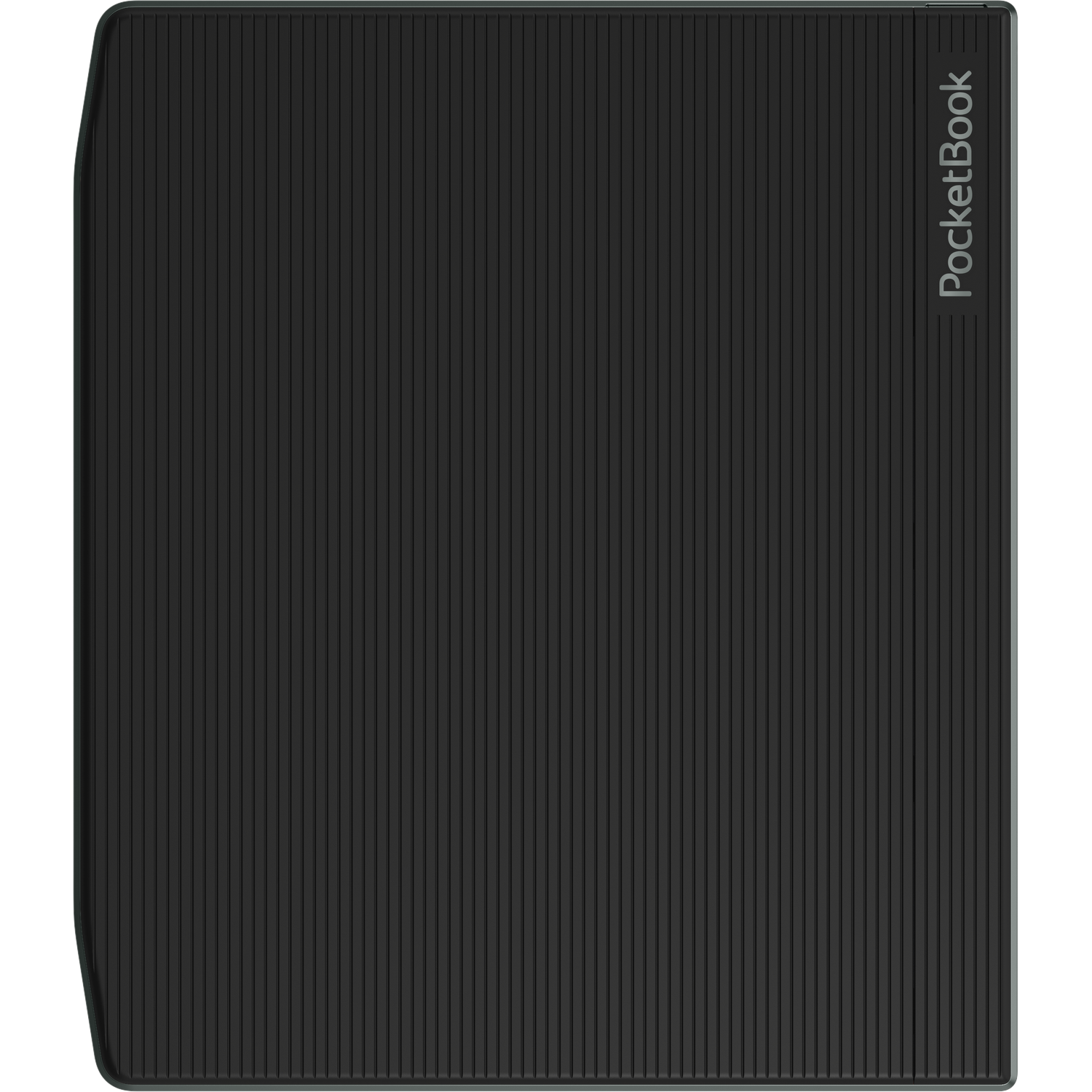Zwarte e-reader met verticale richels en de tekst "PocketBook".