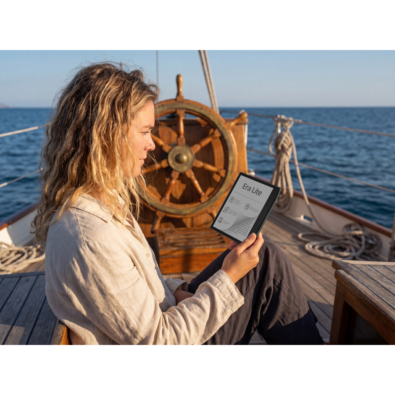 Vrouw leest e-reader op bootdek, zee en lucht op achtergrond.