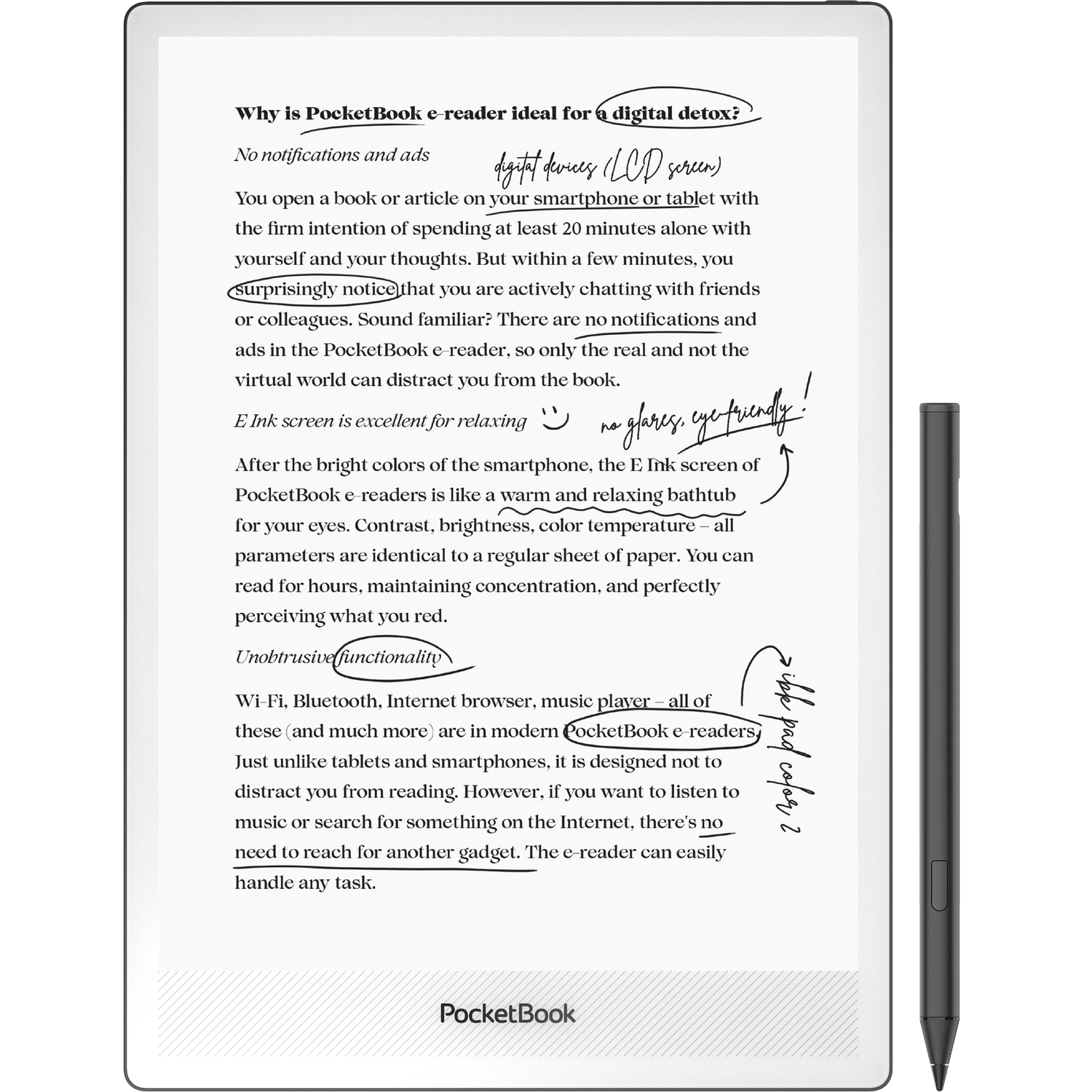 Een grijze e-reader met een zwarte stylus ernaast. Tekst op het scherm.