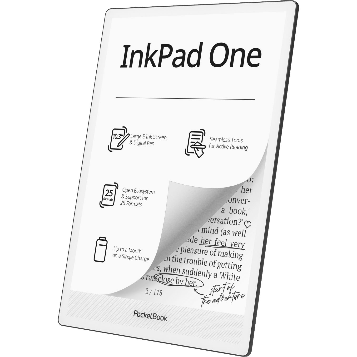 PocketBook InkPad One e-reader met 10,3-inch scherm, pen, 25 formaten en maand batterijduur.
