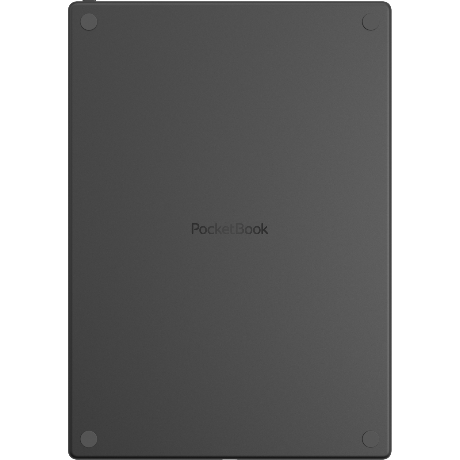 Donkergrijs PocketBook e-reader van achteren met vier ronde rubberen voetjes.